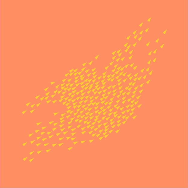 A pattern of numerous small yellow triangles arranged in a seemingly random, scattered formation on an orange background.