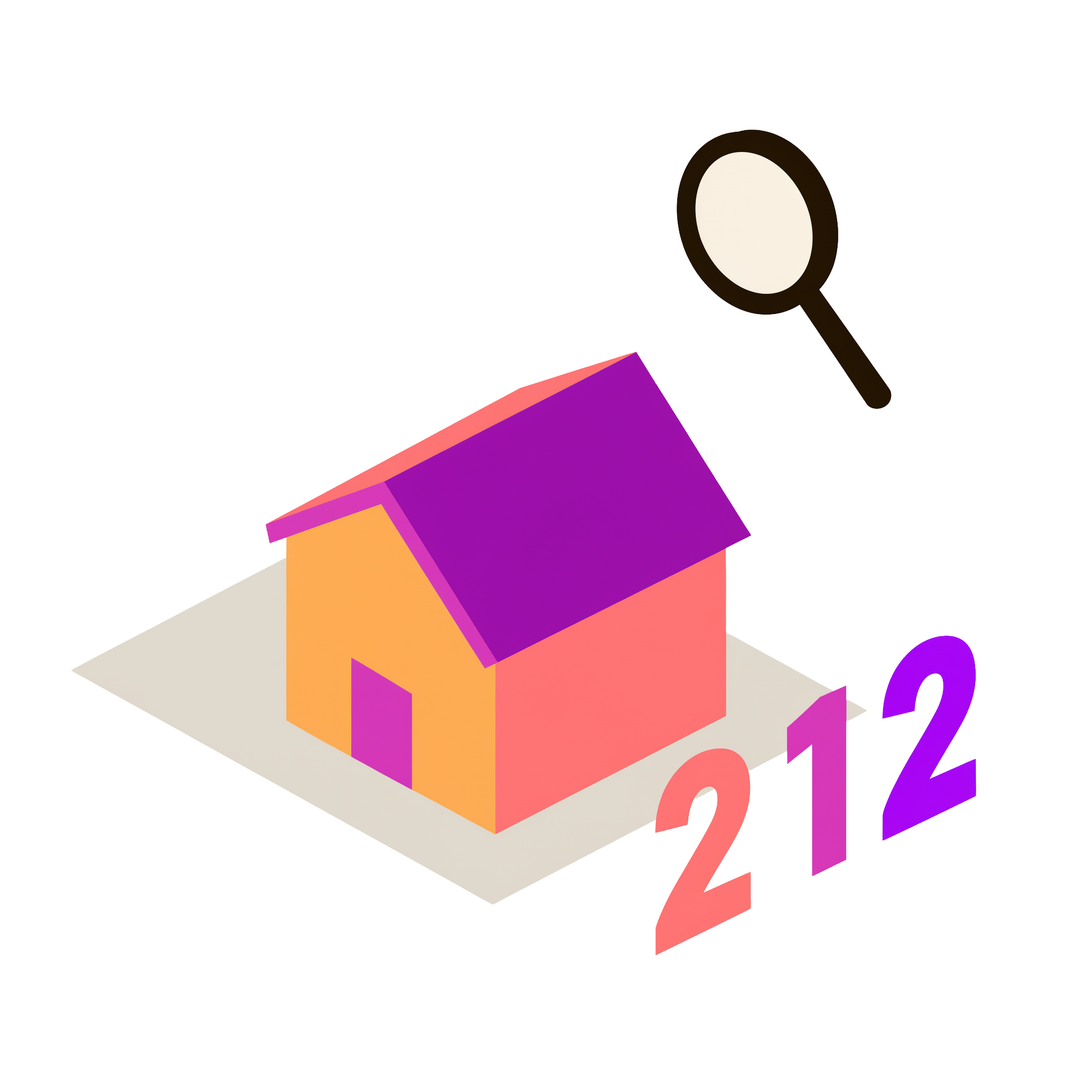 A graphic of a suburban house with a magnifying glass above it and numbers of its address in front of it.