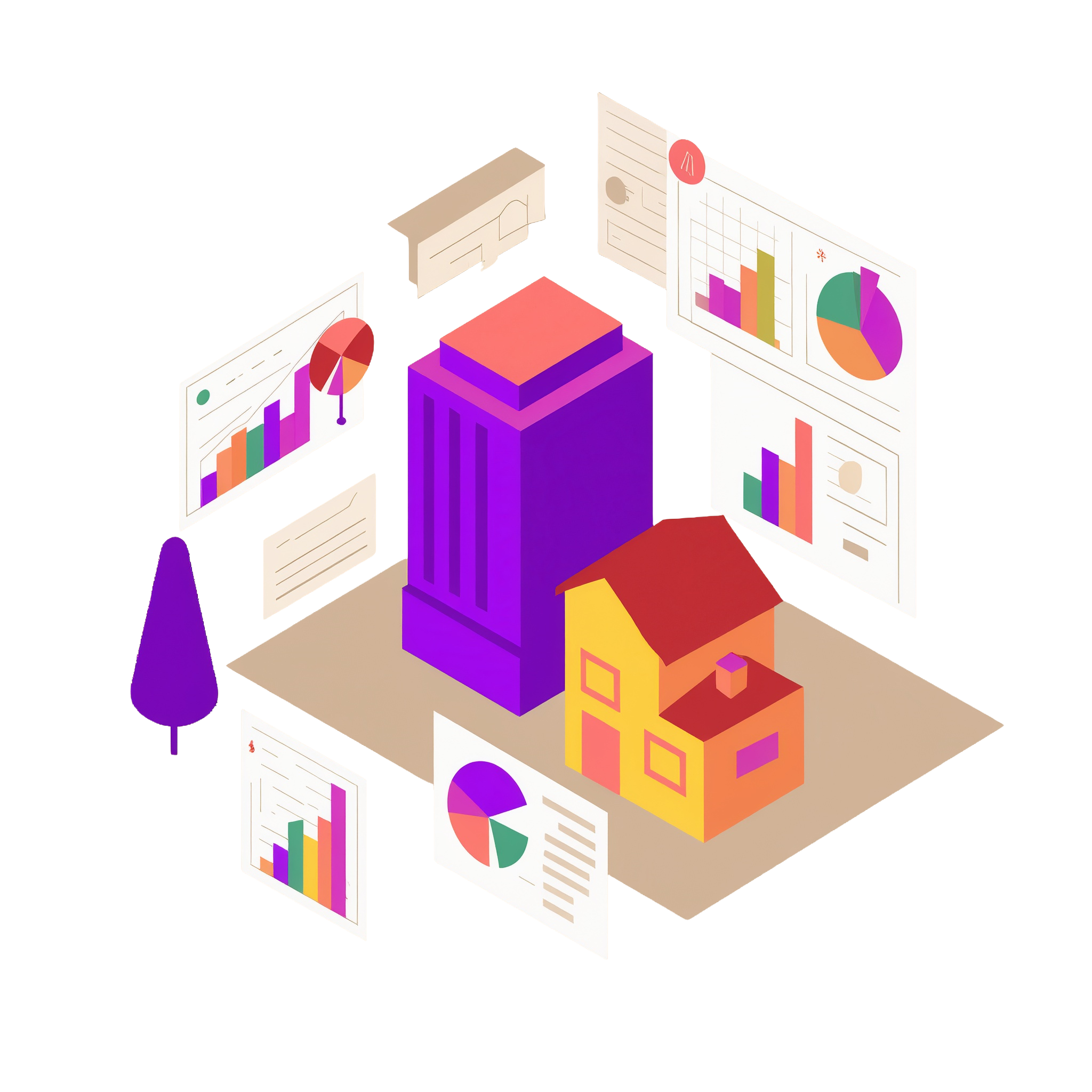 An illustration of a tall apartment building and a rental house with graphs showing rental trends.