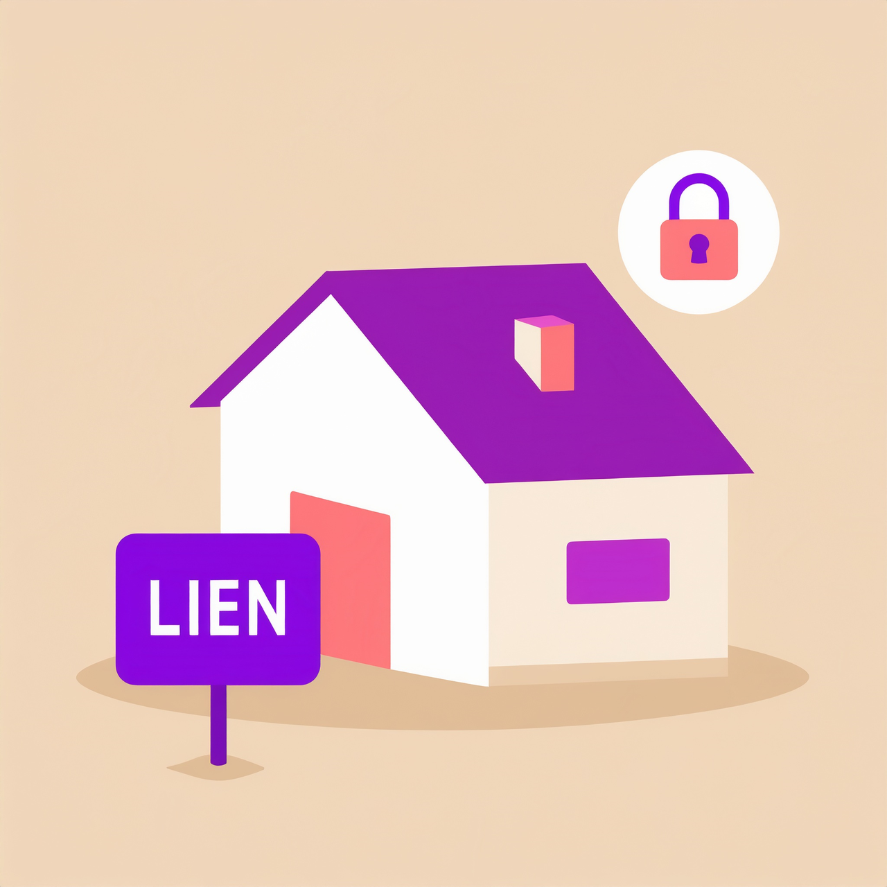 An illustration of a house with a lien sign in front and a lock icon above indicating voluntary lien status data.
