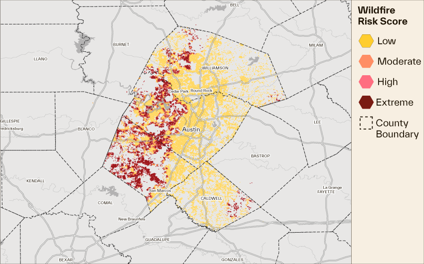 map of Cotality Wildfire Risk Score in Austin, Texas 