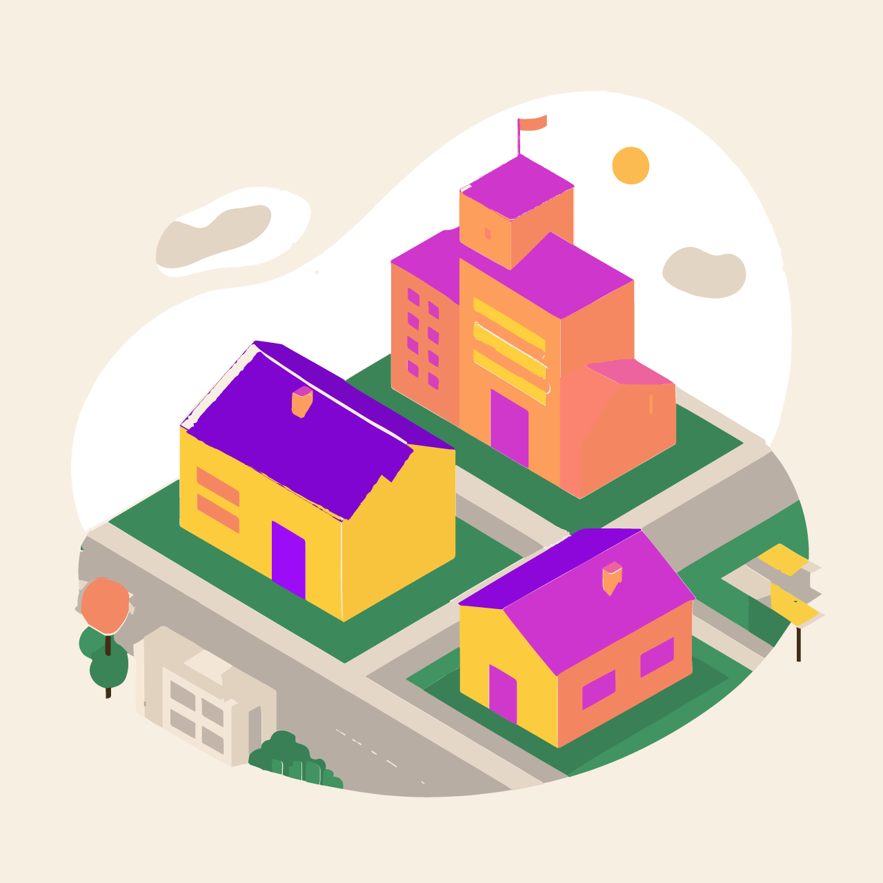 Illustration of a neighborhood with houses and a school indicating neighborhood school data.