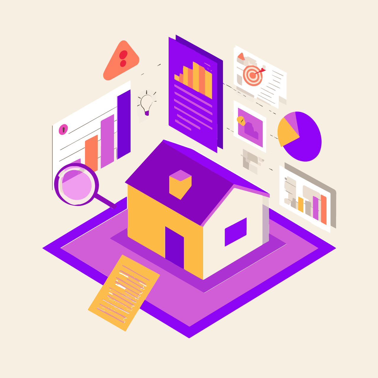Illustration of a house with a document, magnifying glass, and charts showing loan assignment data.