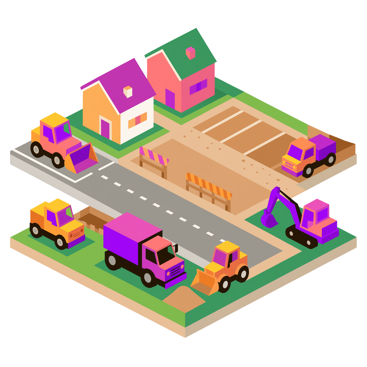 An illustration of a neighborhood undergoing new construction with heavy work vehicles.