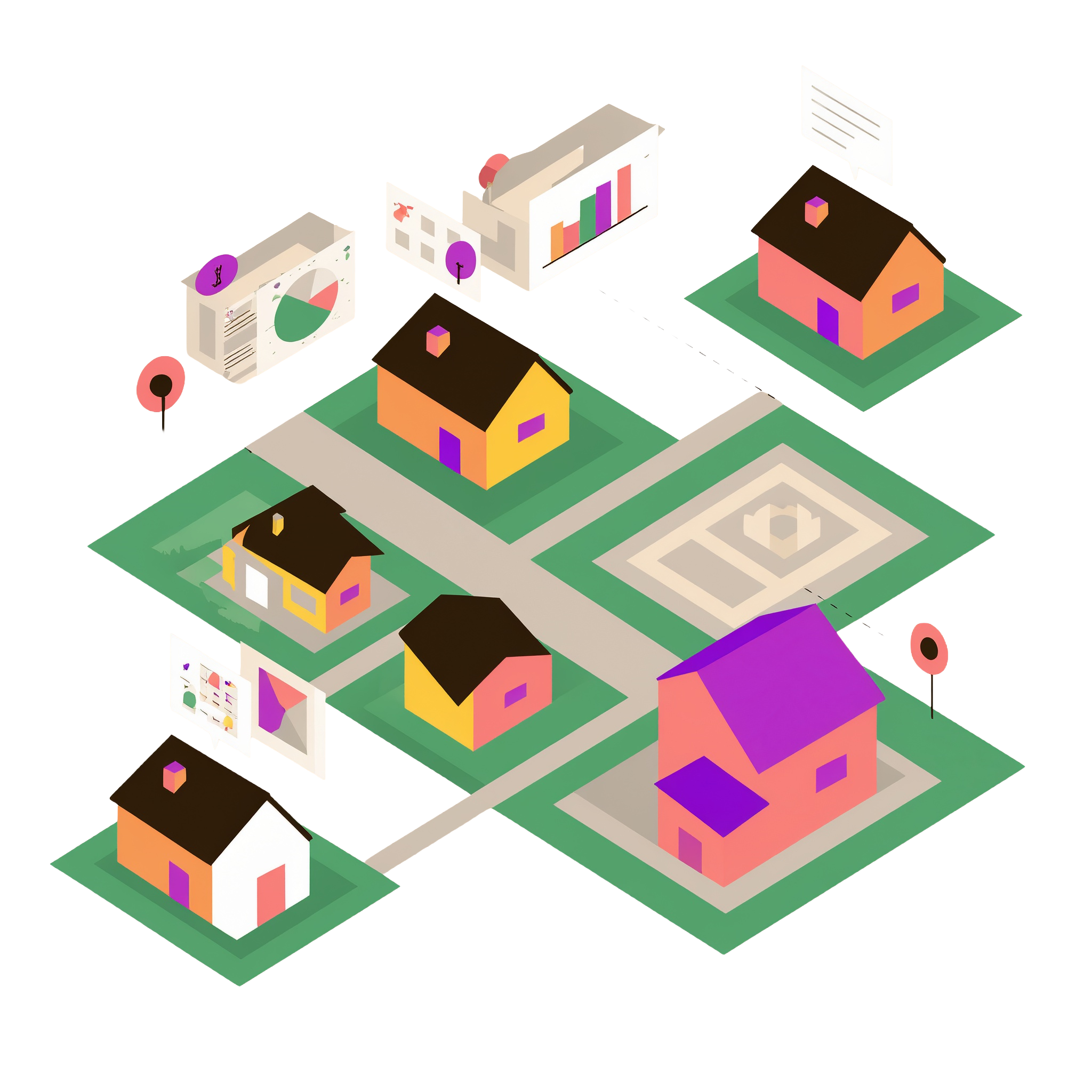 An illustration of houses on separate lots with boundary lines drawn and graphs showing zoning data.