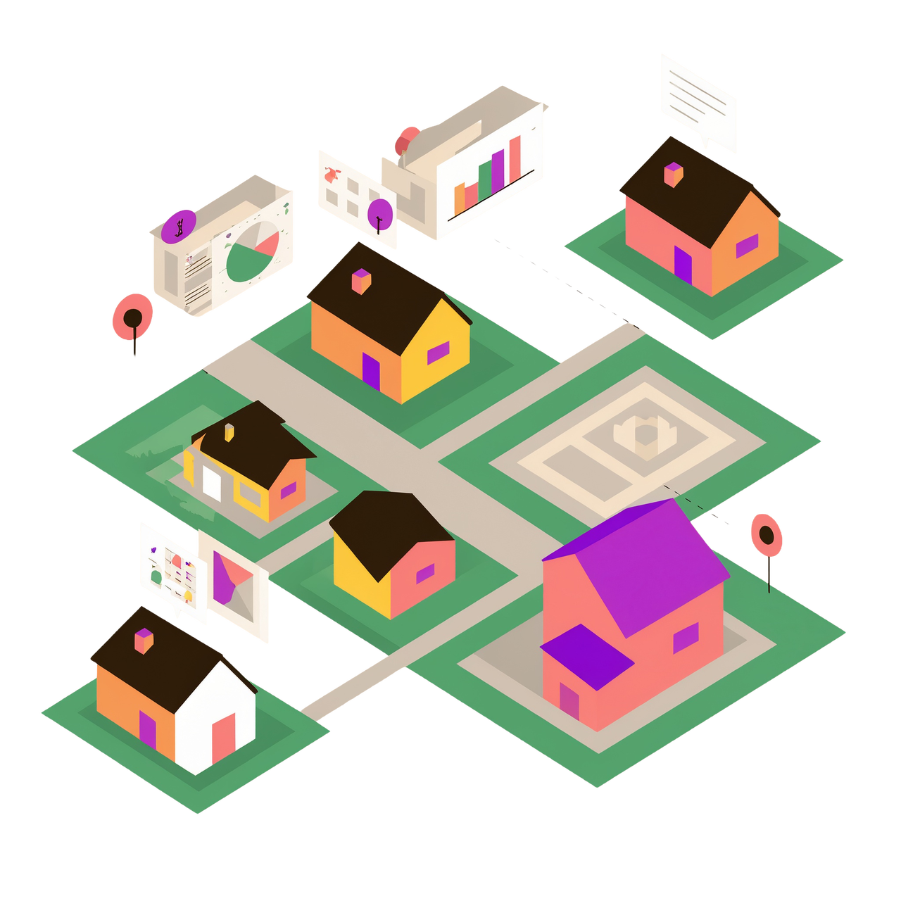 An illustration of houses on separate lots with boundary lines drawn and graphs showing zoning data.