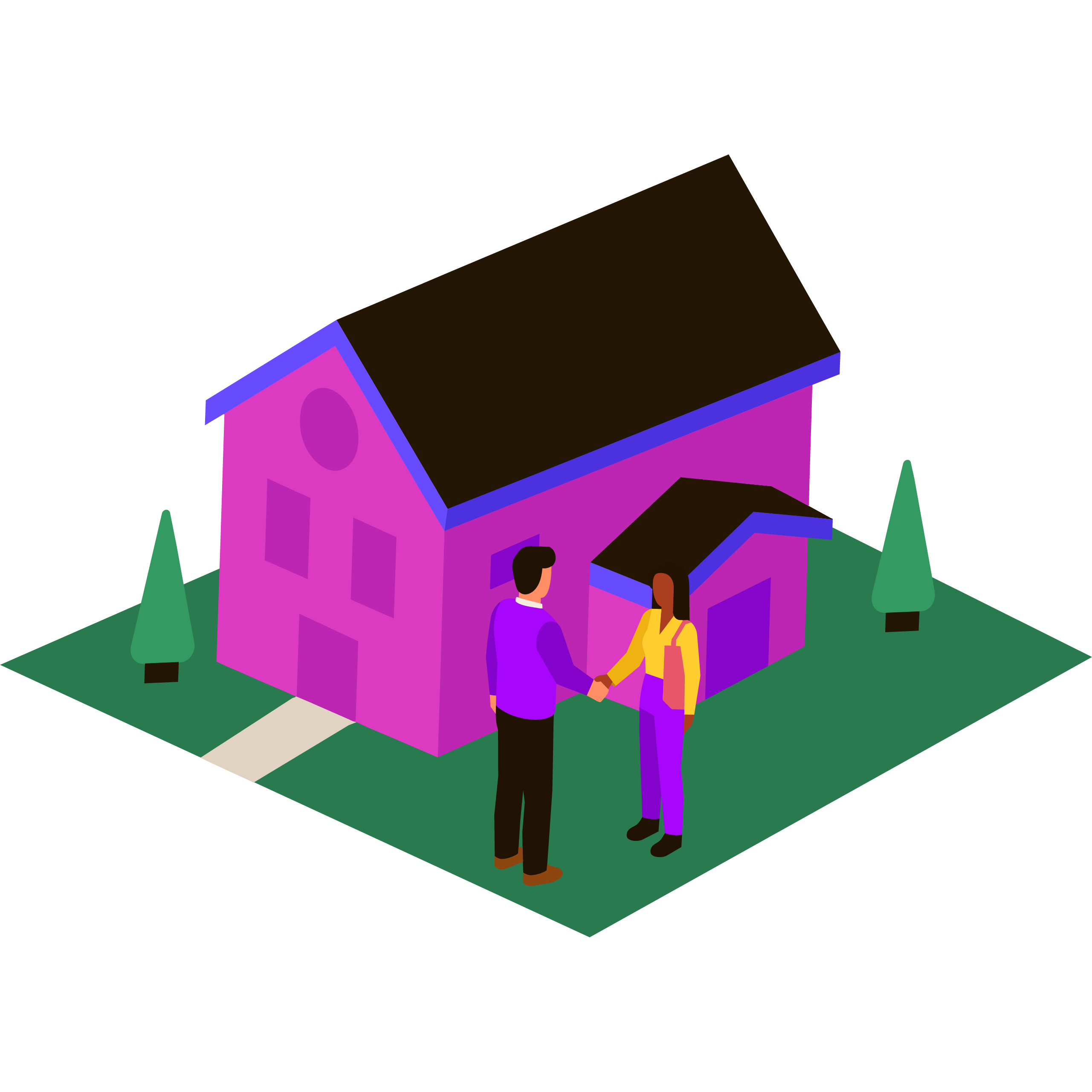 An illustration of a man and a woman shaking hands in front of a house