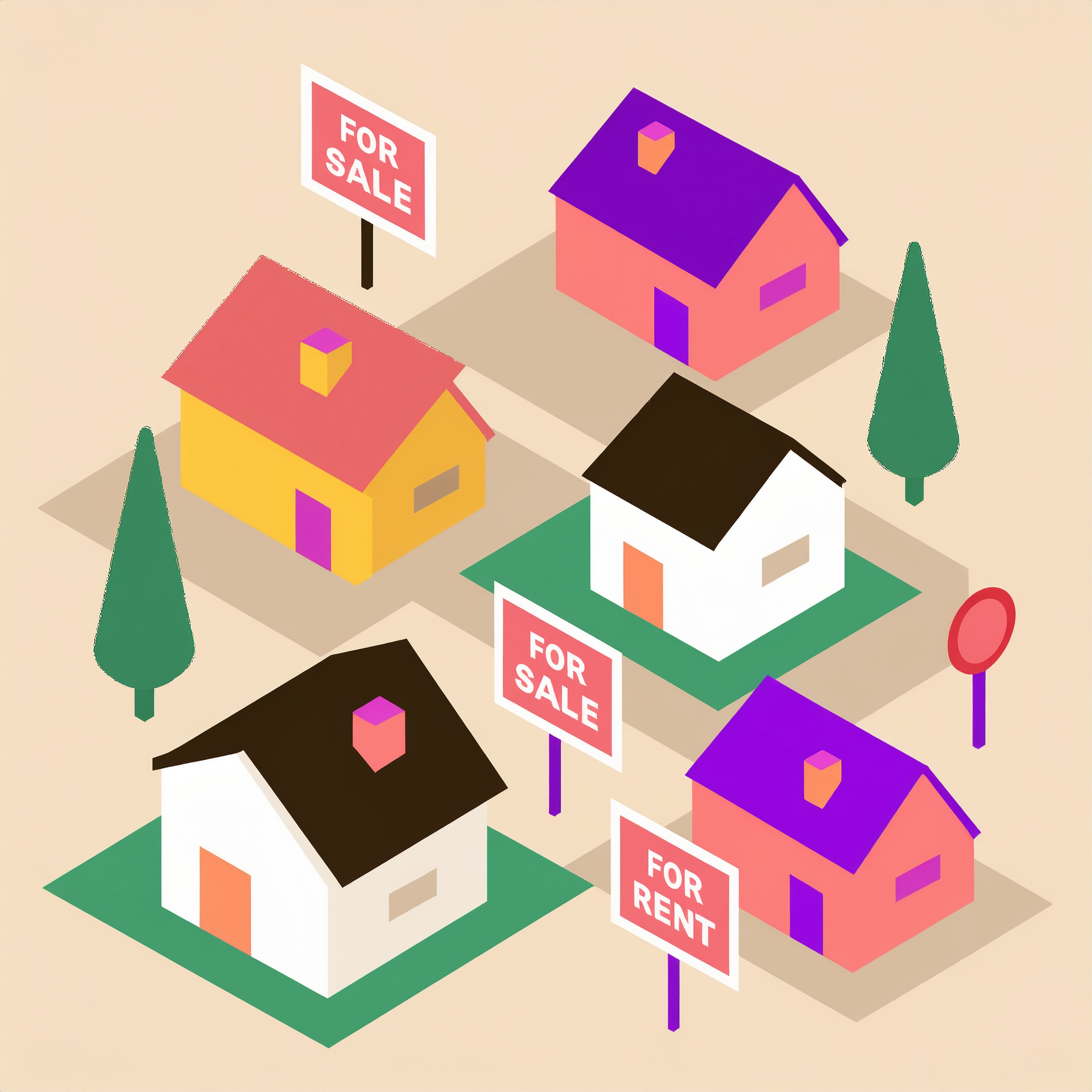 An illustration of a neighborhood with several for sale signs indicating propensity scores.