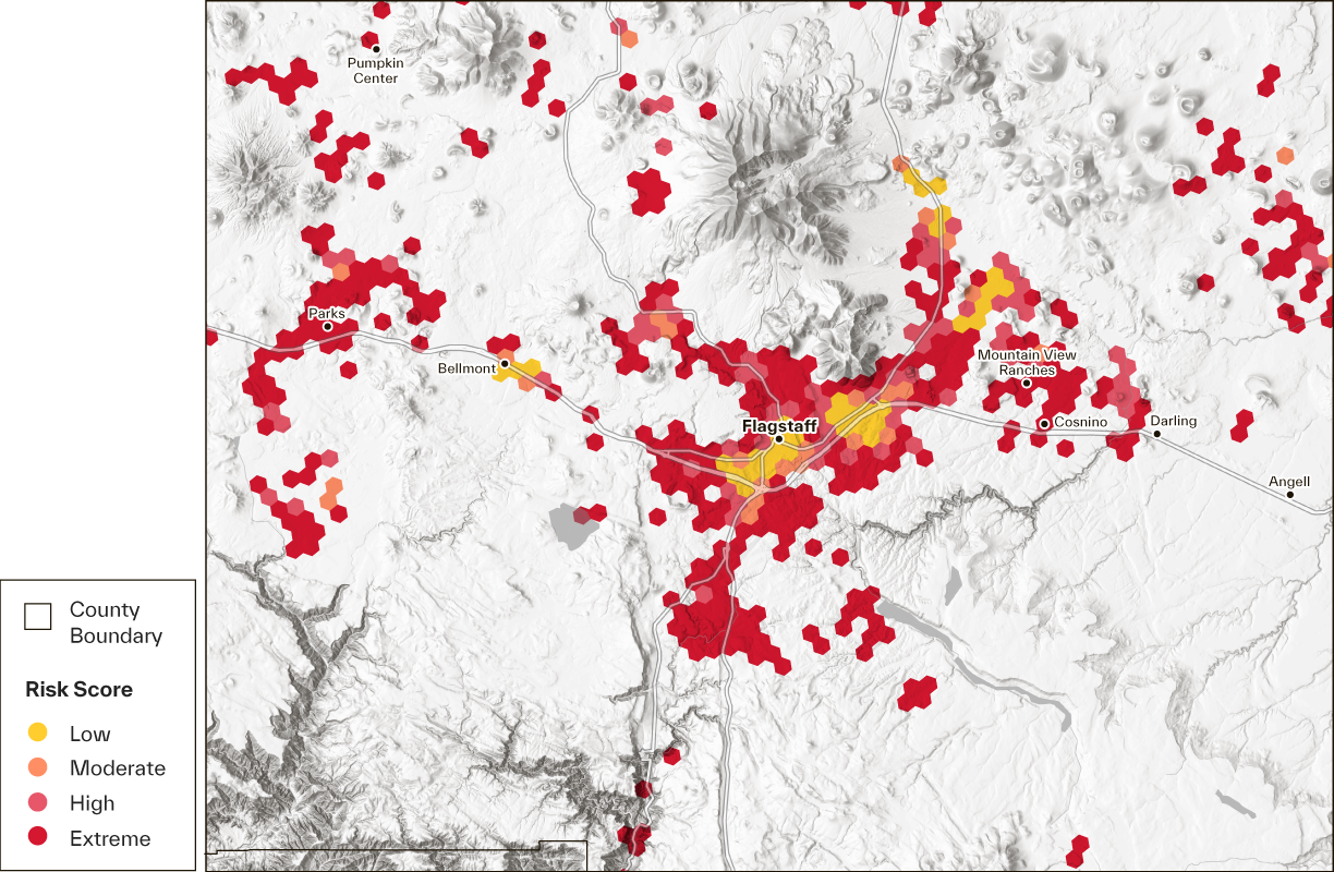 map of residential properties and their wildfire risk score in the Flagstaff, Arizona Metropolitan Area 