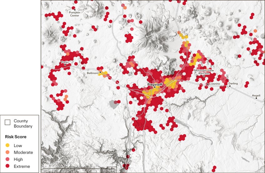 map of residential properties and their wildfire risk score in the Flagstaff, Arizona Metropolitan Area