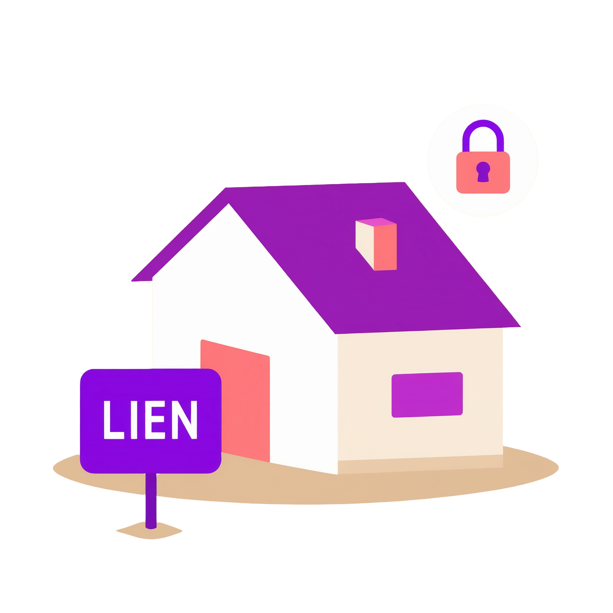 An illustration of a house with a lien sign in front and a lock icon above indicating voluntary lien status data.