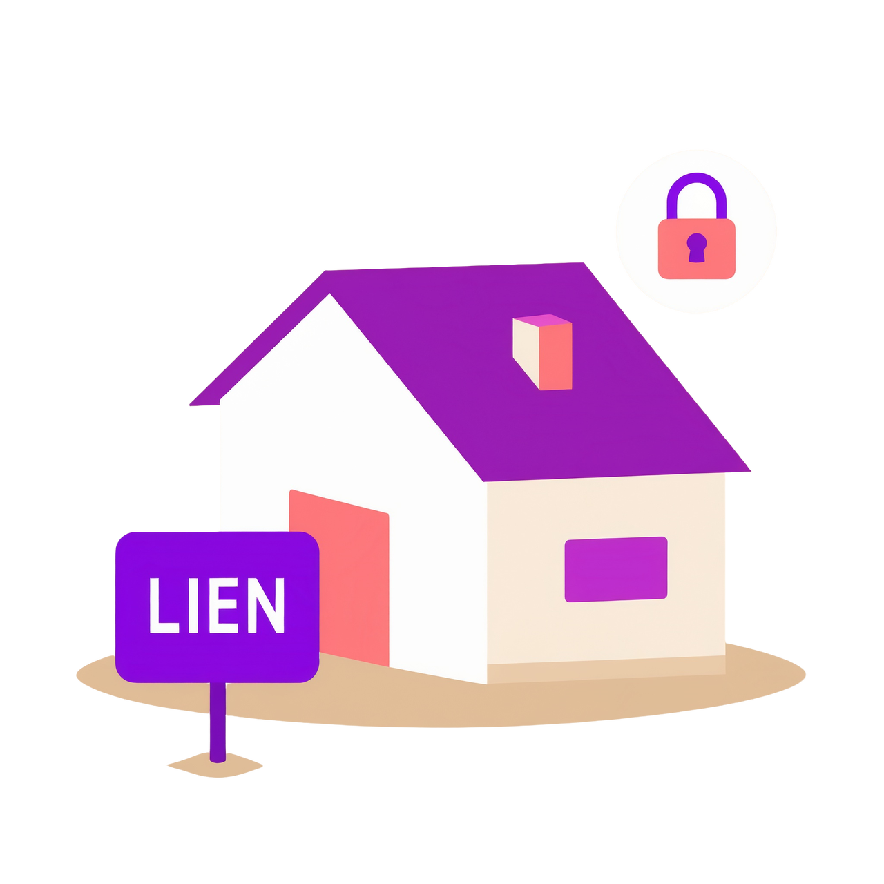 An illustration of a house with a lien sign in front and a lock icon above indicating voluntary lien status data.