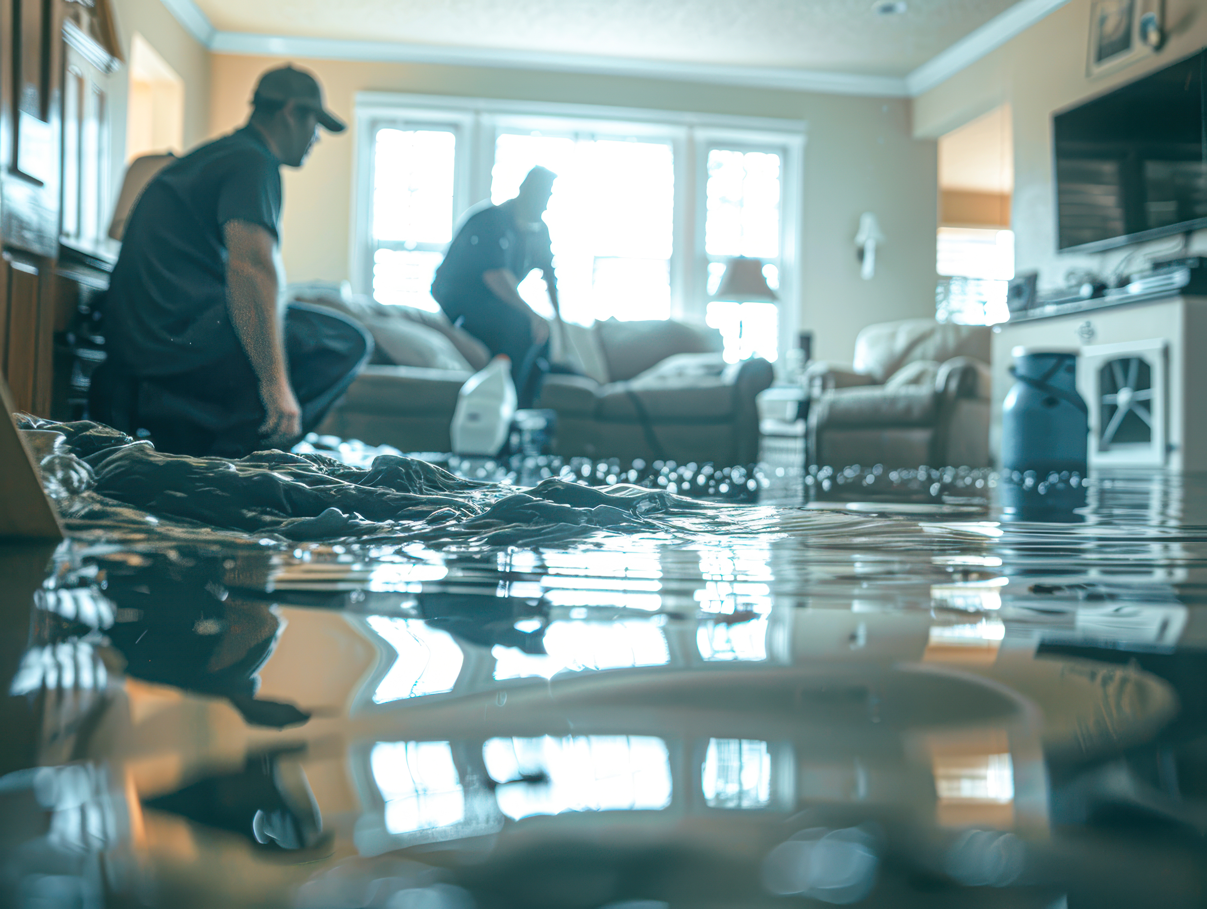Cleanup team pumping water out of a flooded house.