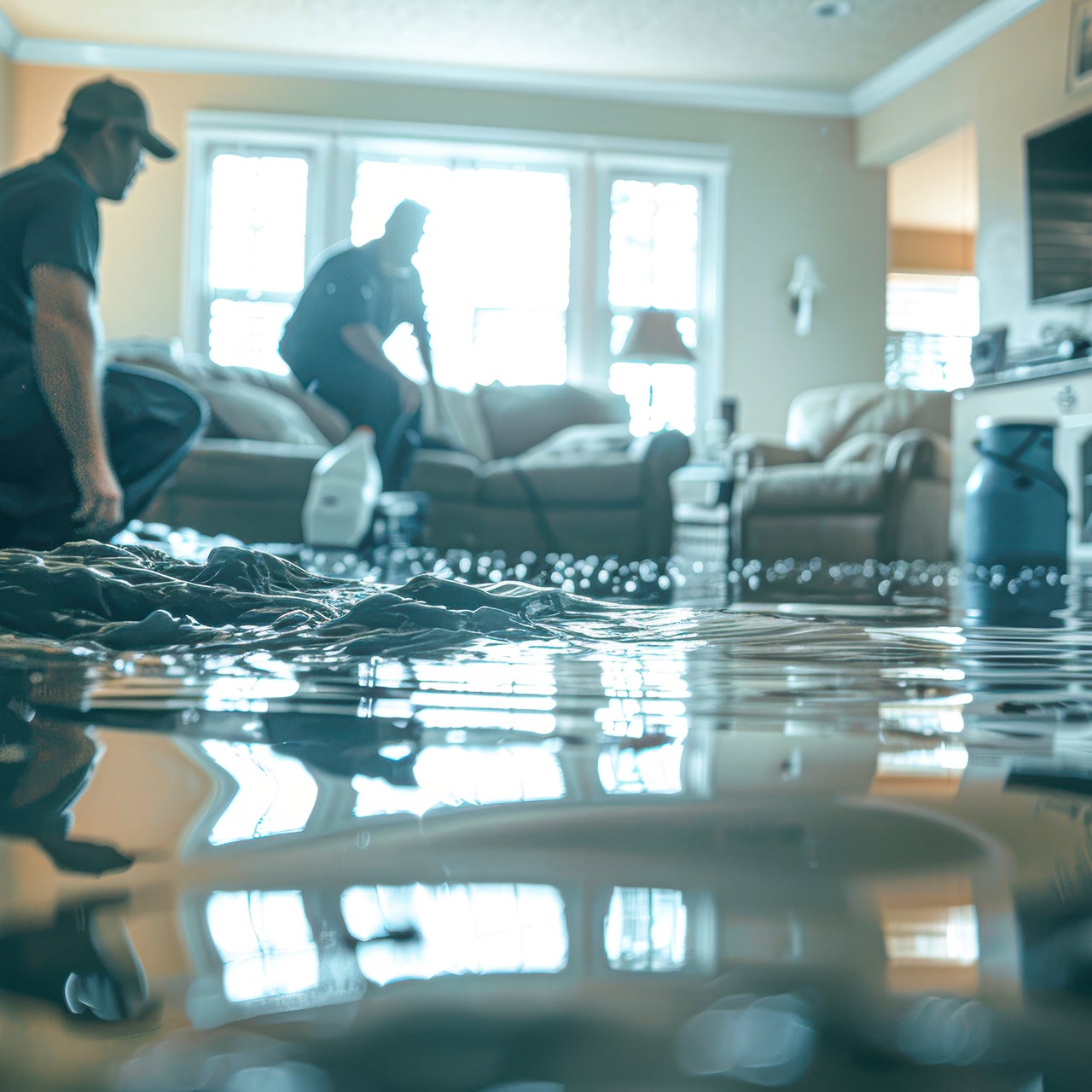 Cleanup team pumping water out of a flooded house.