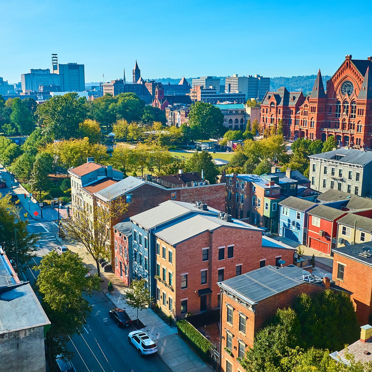 Birds eye view of a university in an urban area