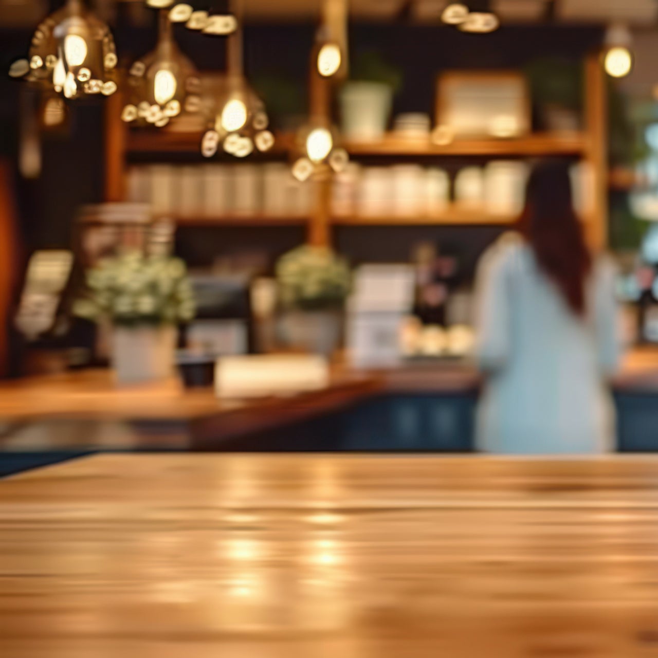 Wooden table in cafe perfect for product placement, with blurred background of workers and customers in a retail space.