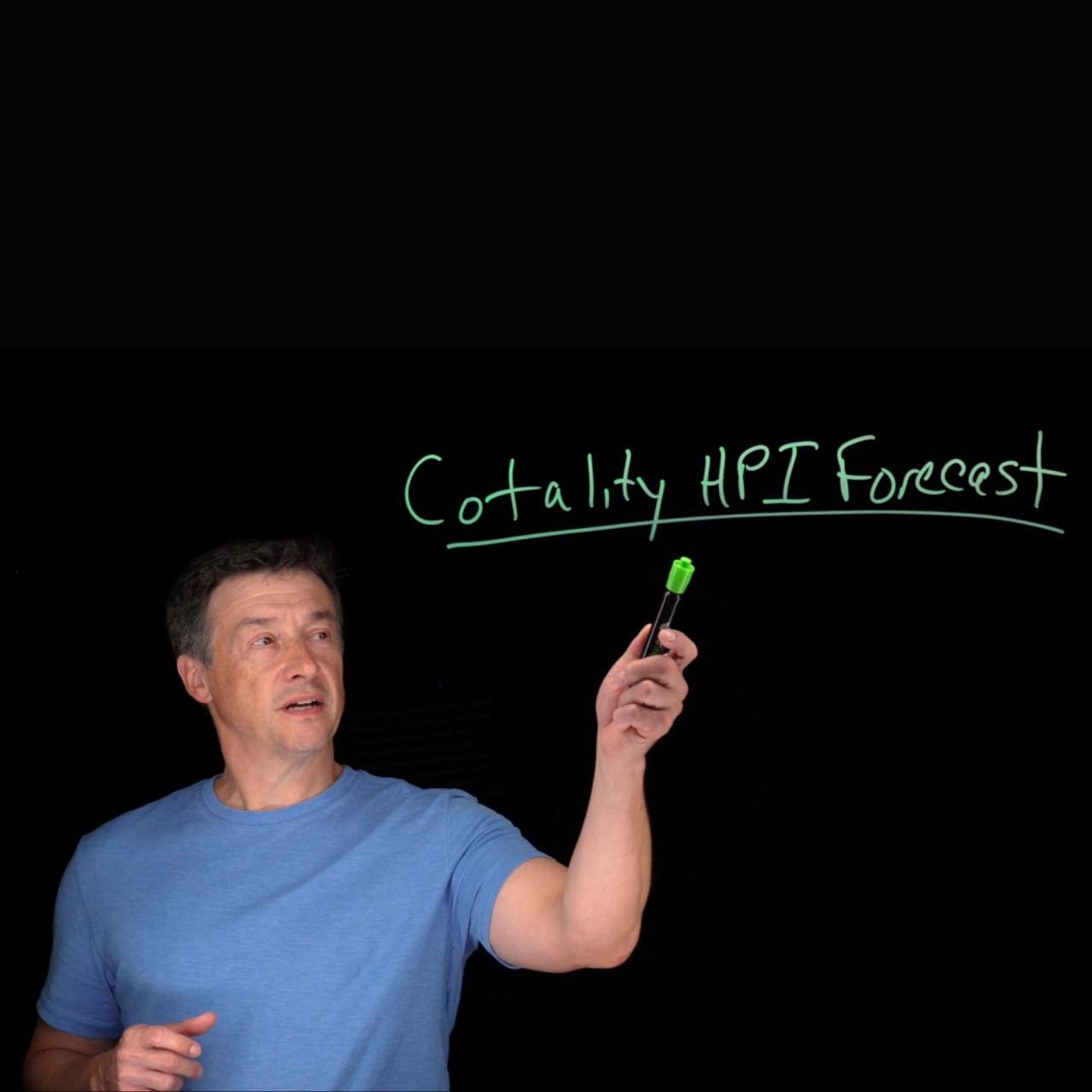 A product expert standing behind a lightboard with the words Cotality HPI Forecast written on the lightboard.