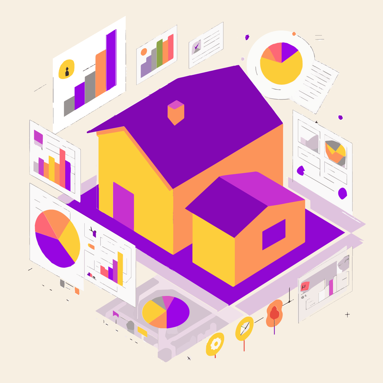 Illustration of a large house with charts and graph icons around it indicating property characteristic data.