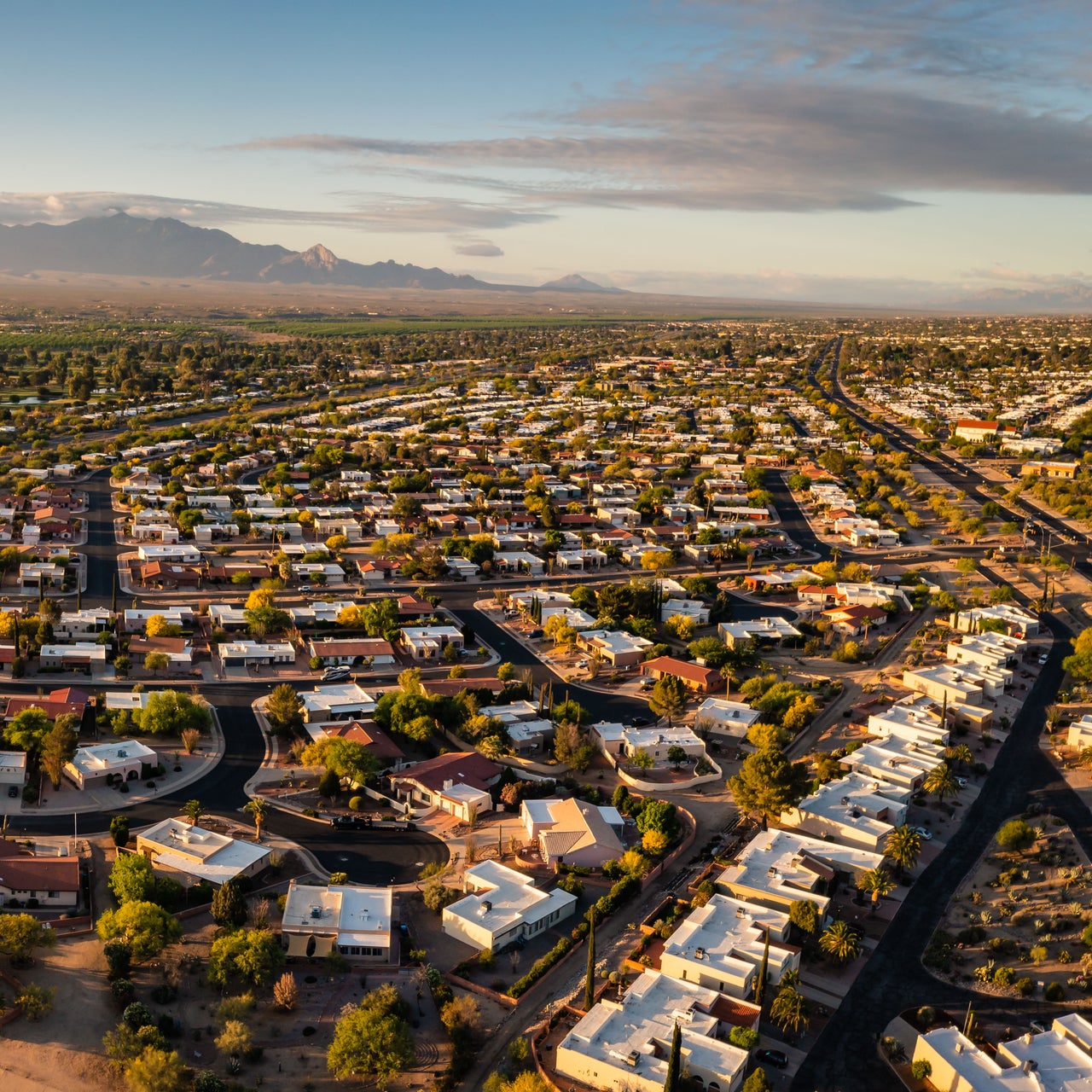 Aerial view of a large suburban neighborhood.