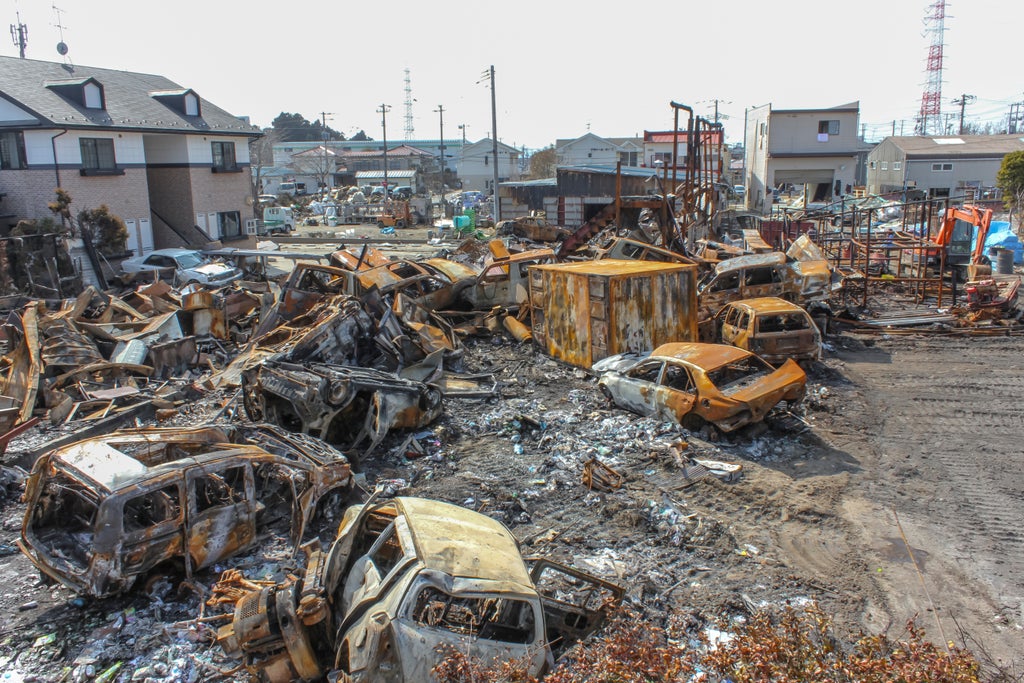 Piles of burned and wrecked cars and debris in a devastated residential area.