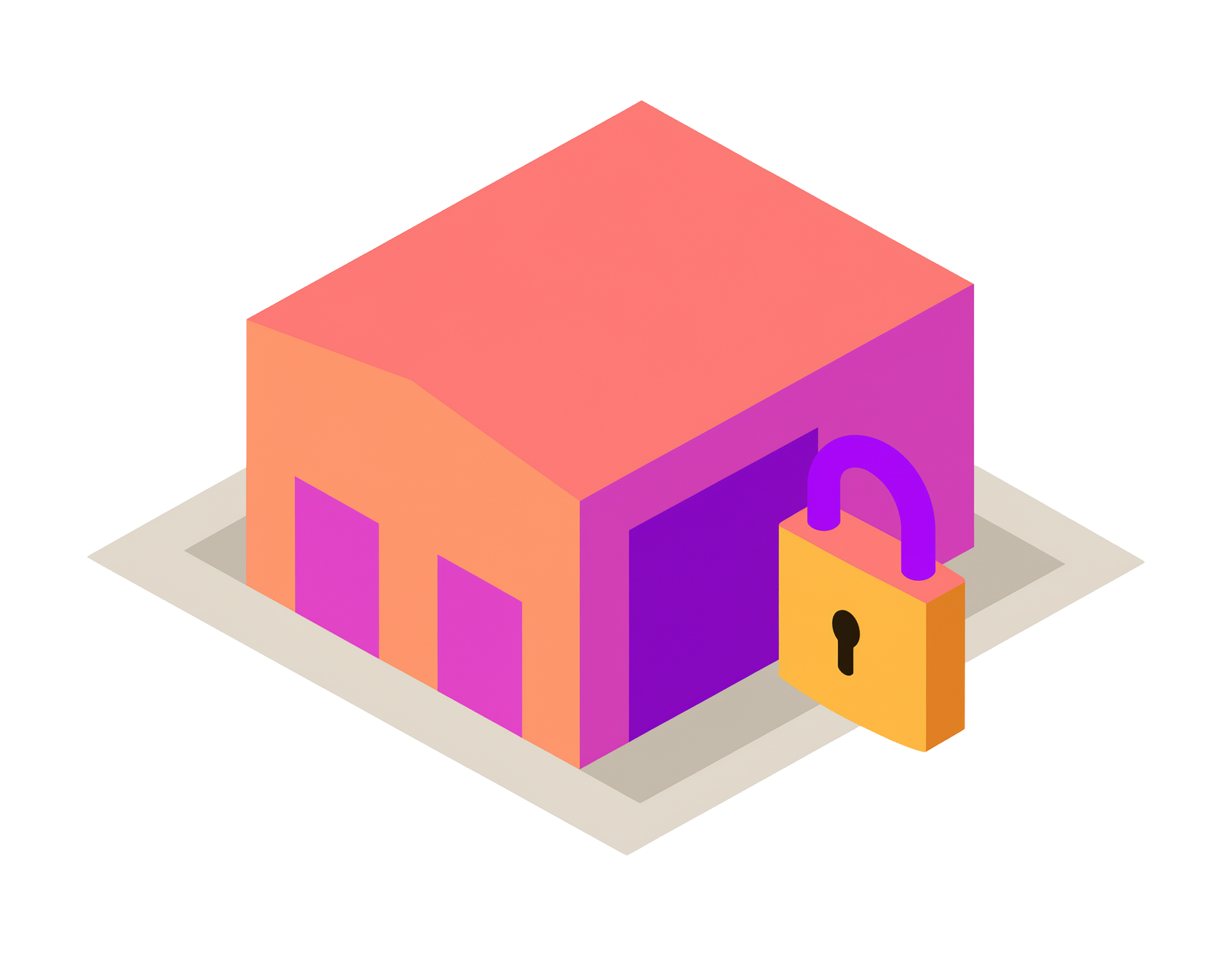 An illustration of a warehouse with a large lock next to it.