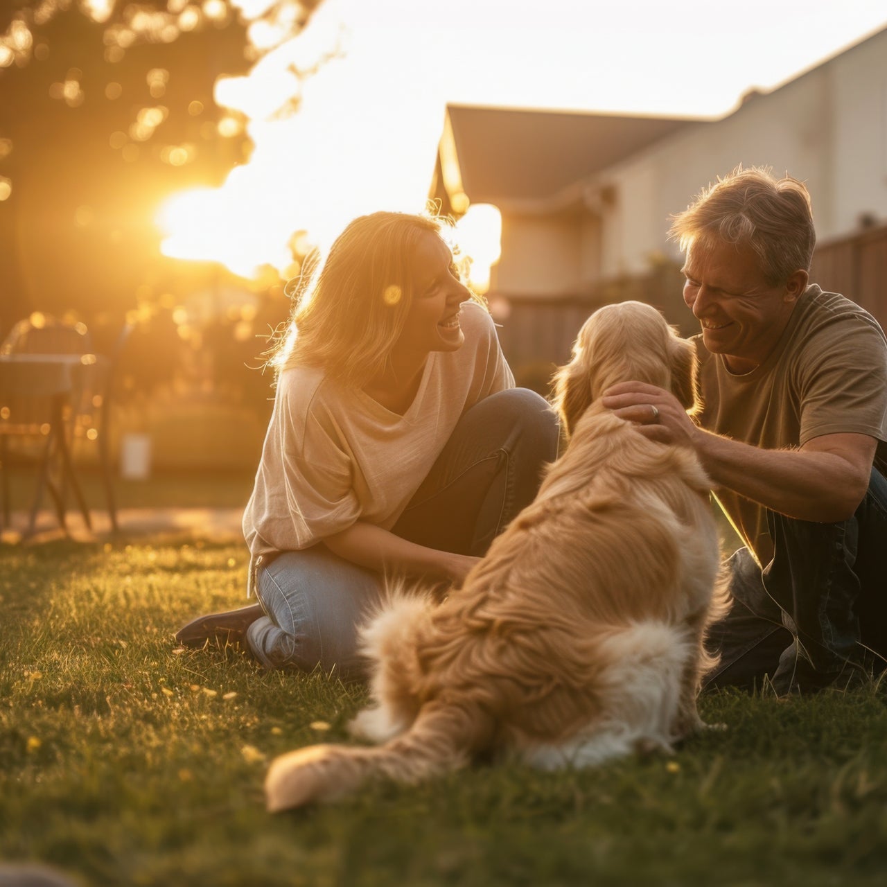 A couple seen playing with golden retriever dog.