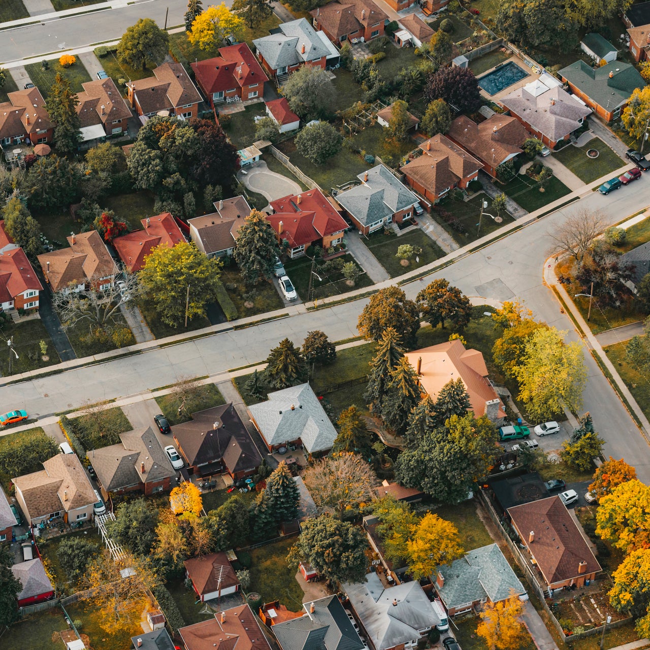 An aerial view of a residential area.