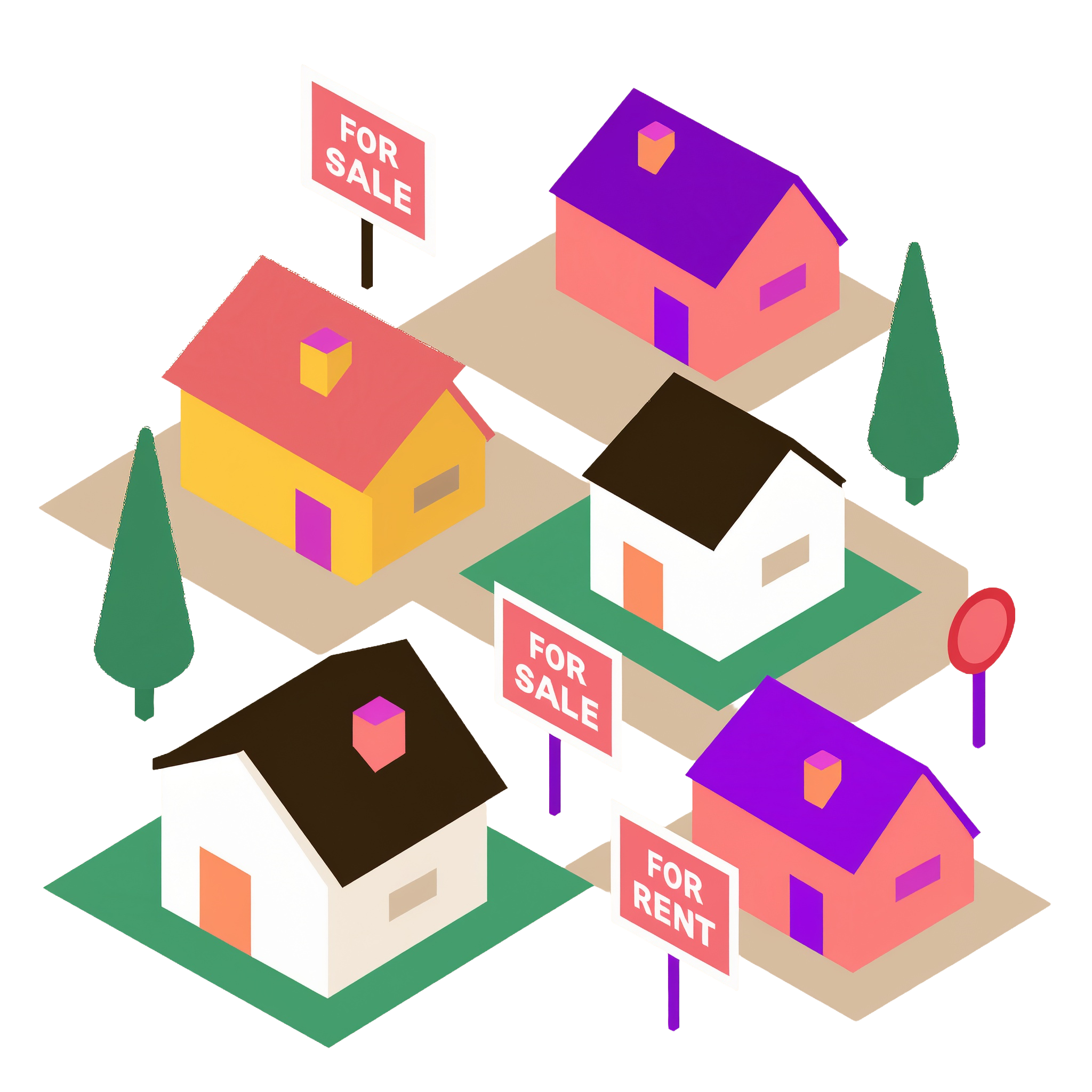 An illustration of a neighborhood with several for sale signs indicating propensity scores.