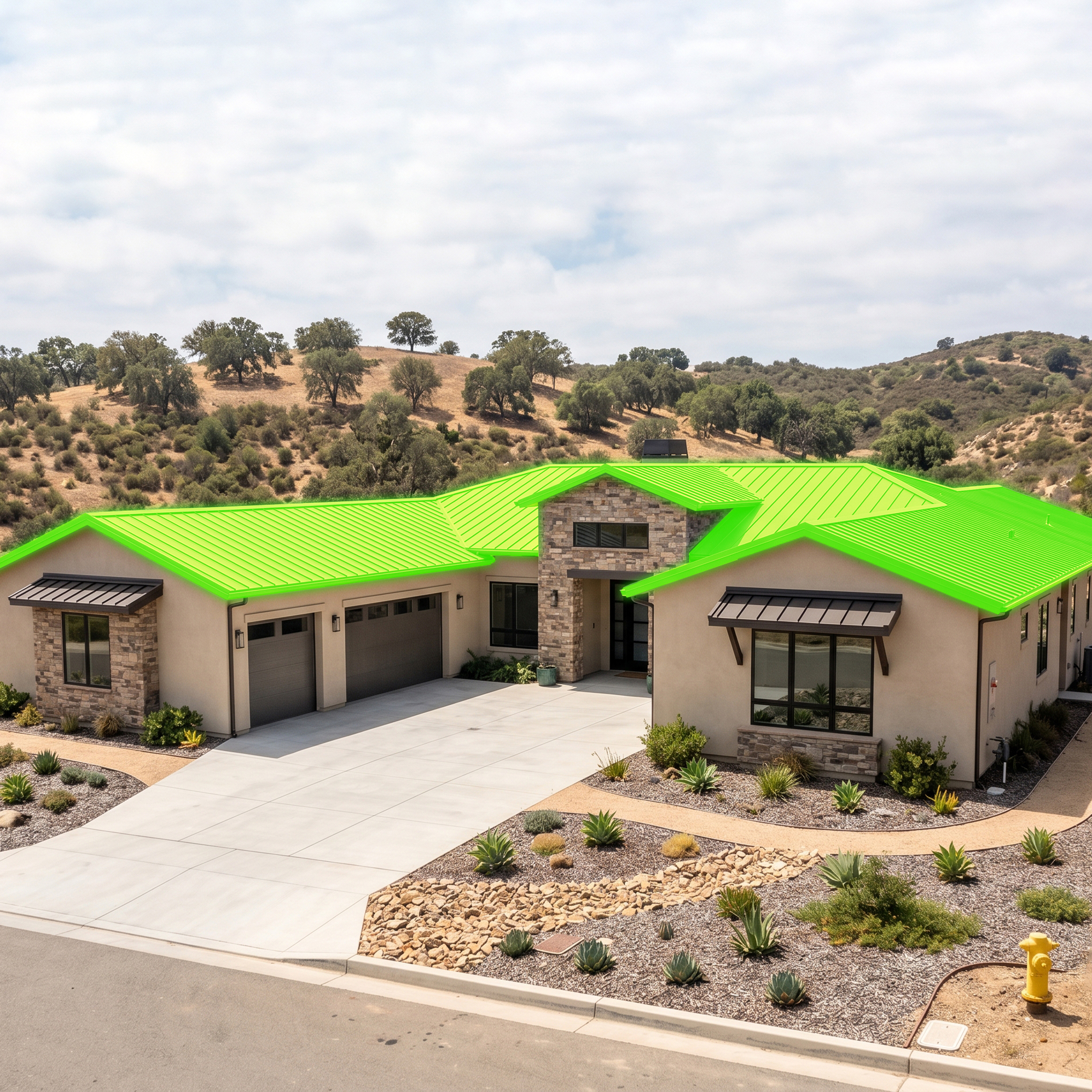Aerial view of a home with a green highlighted roof, demonstrating property risk analysis and roofing data capture.