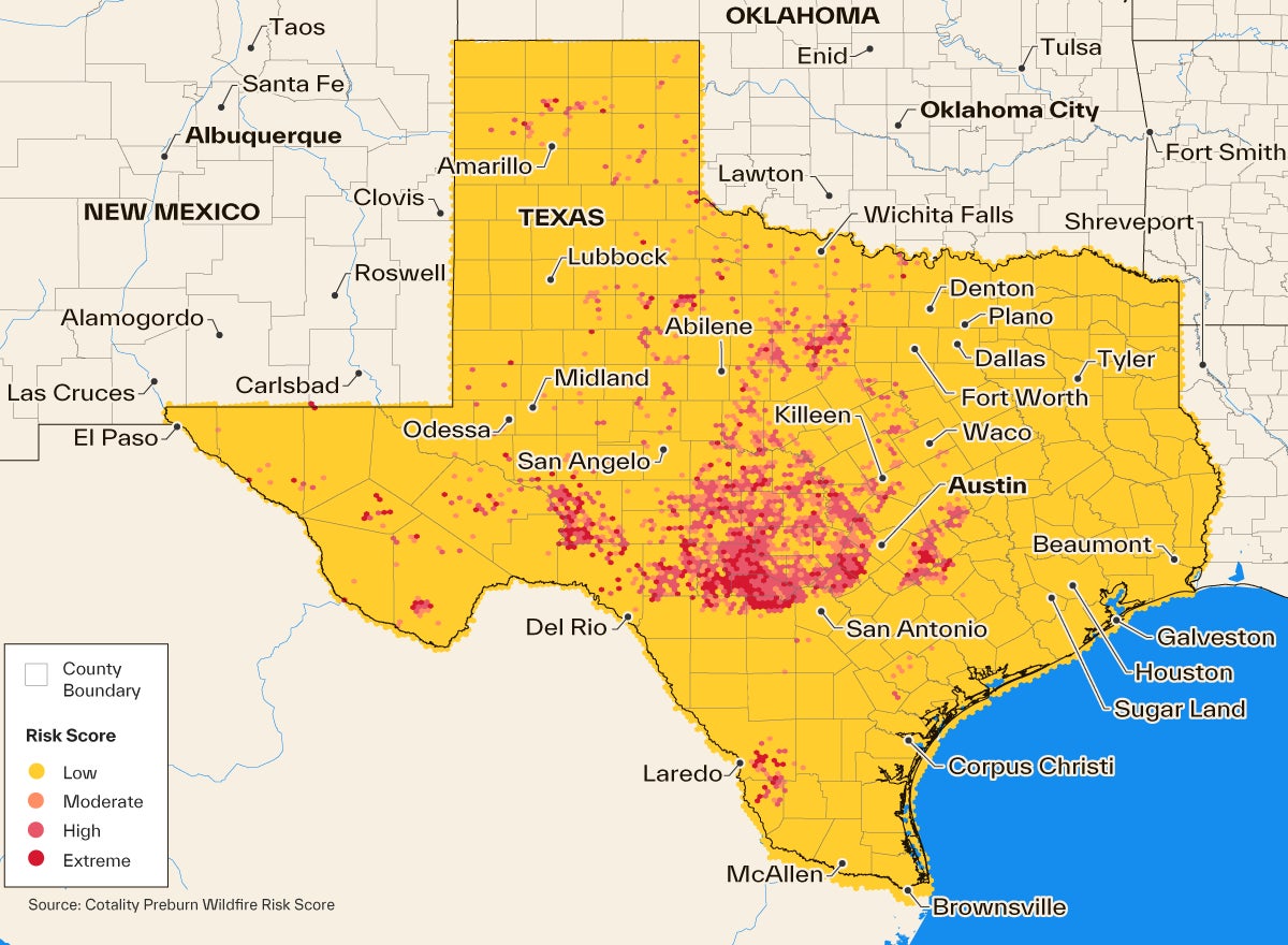 map of residential properties and their wildfire risk score in Texas