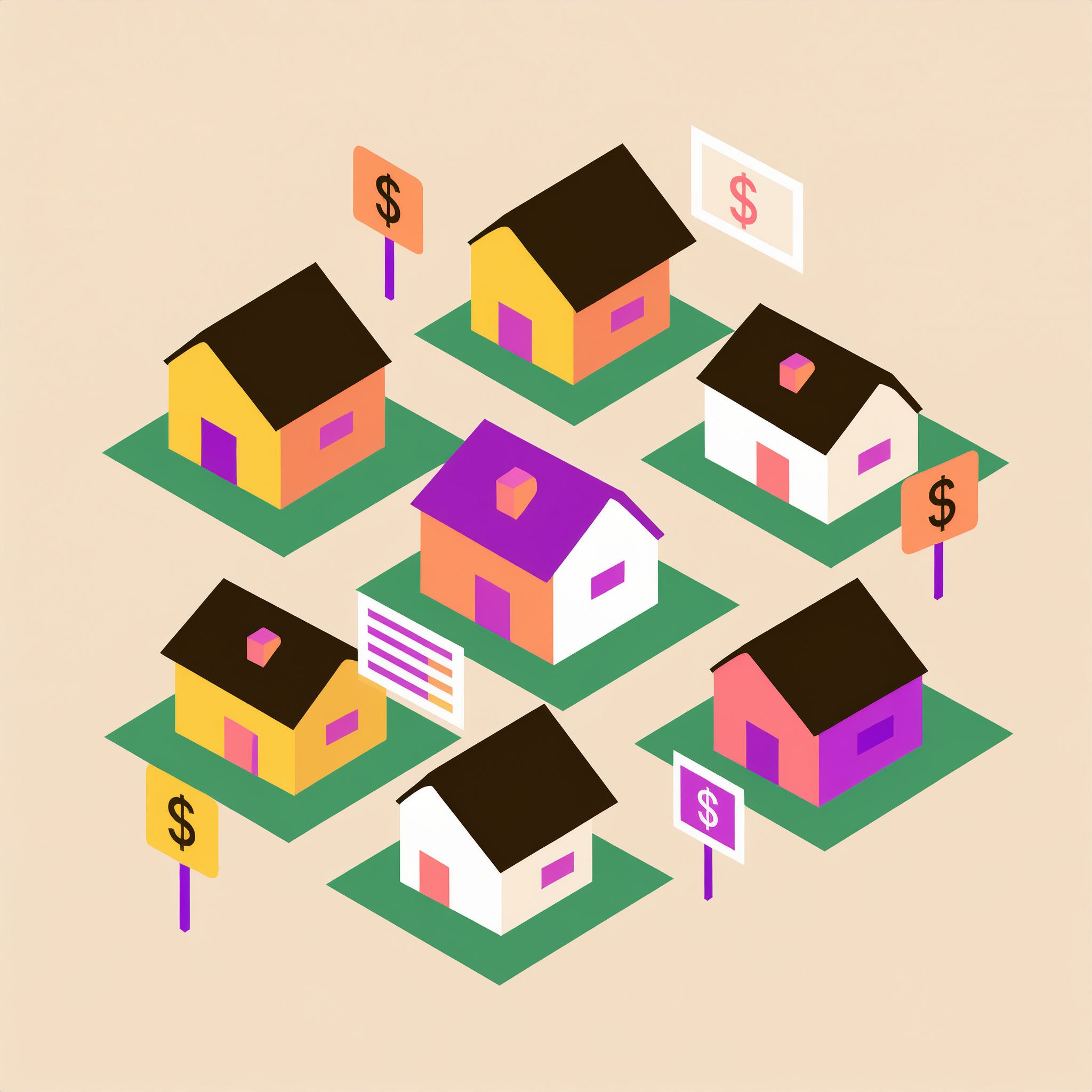 An illustration of a neighborhood with houses having signs with dollars on them indicating listing trends.