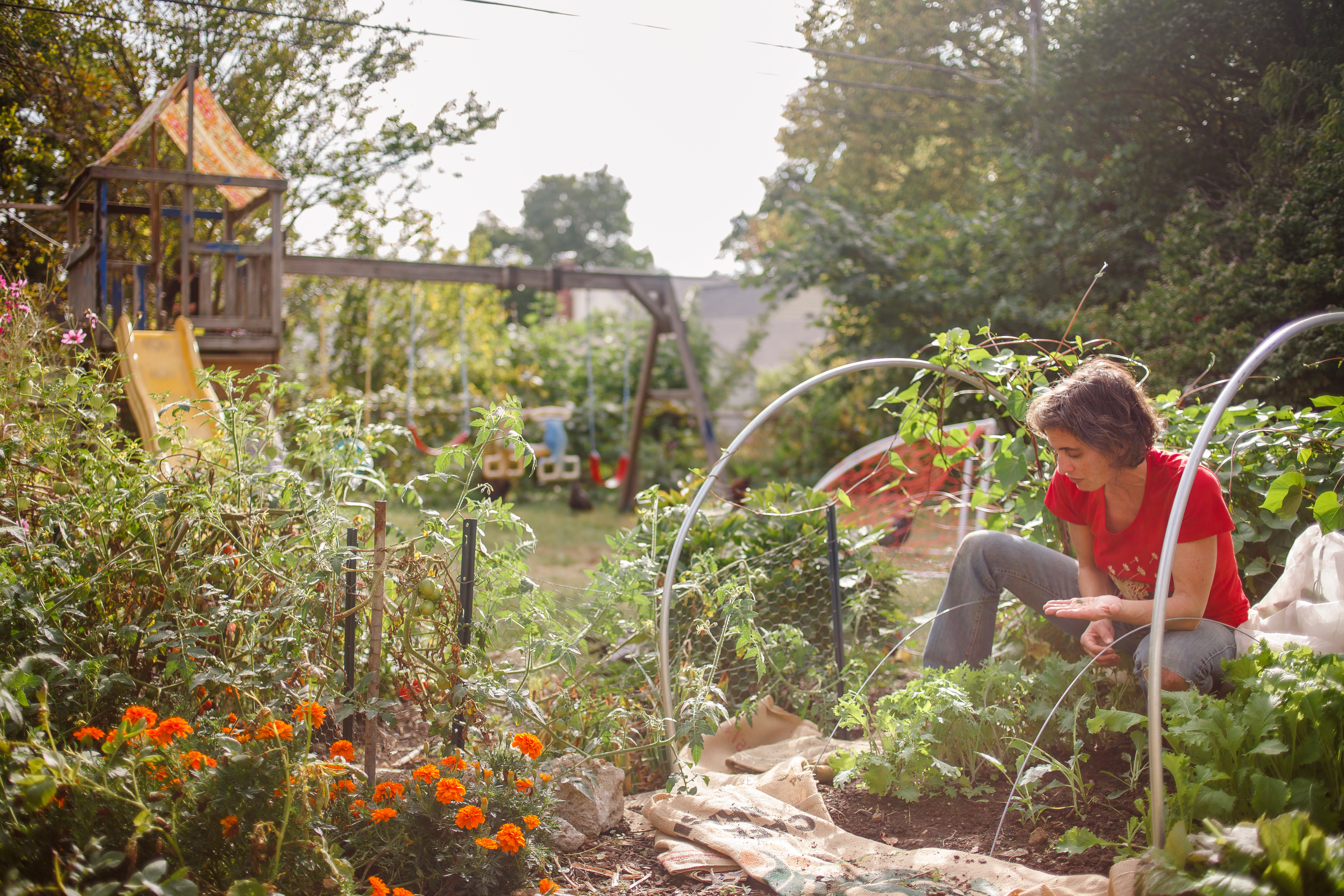 A woman sitting in her vegetable garden, holding seeds and planting