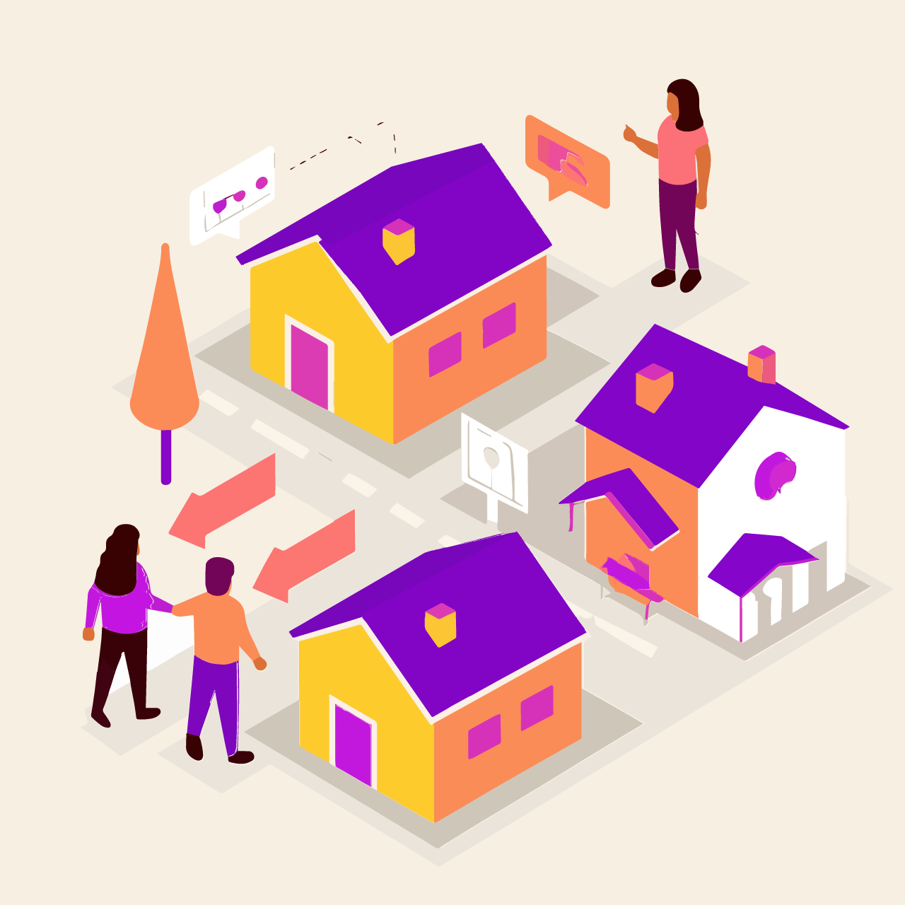 Illustration of a neighborhood with a woman and a couple with arrows pointing at them indicating owner transfer data.