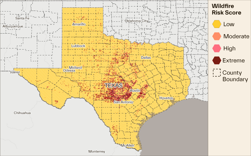 map of Cotality Wildfire Risk Score in Texas 