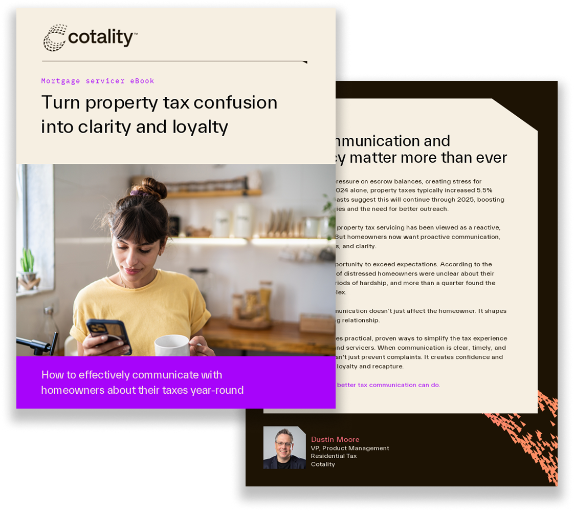 A close-up of the cover of a Cotality Mortgage Servicer eBook titled 'Turn property tax confusion into clarity and loyalty.'
