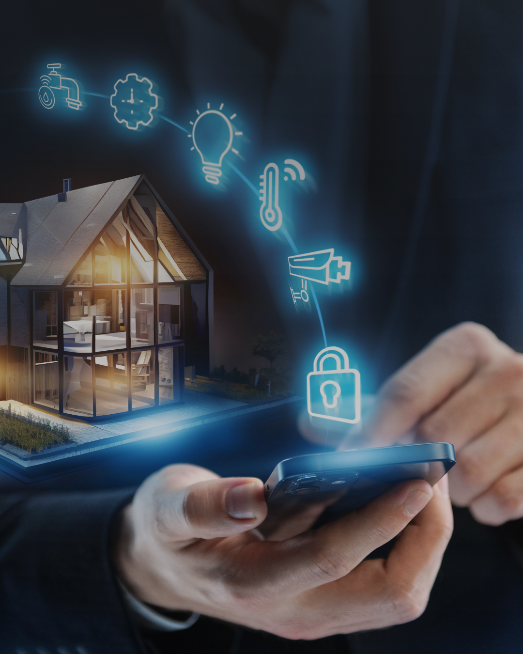 A man's hand touching a smartphone with property technology icons displayed and a house in the background.