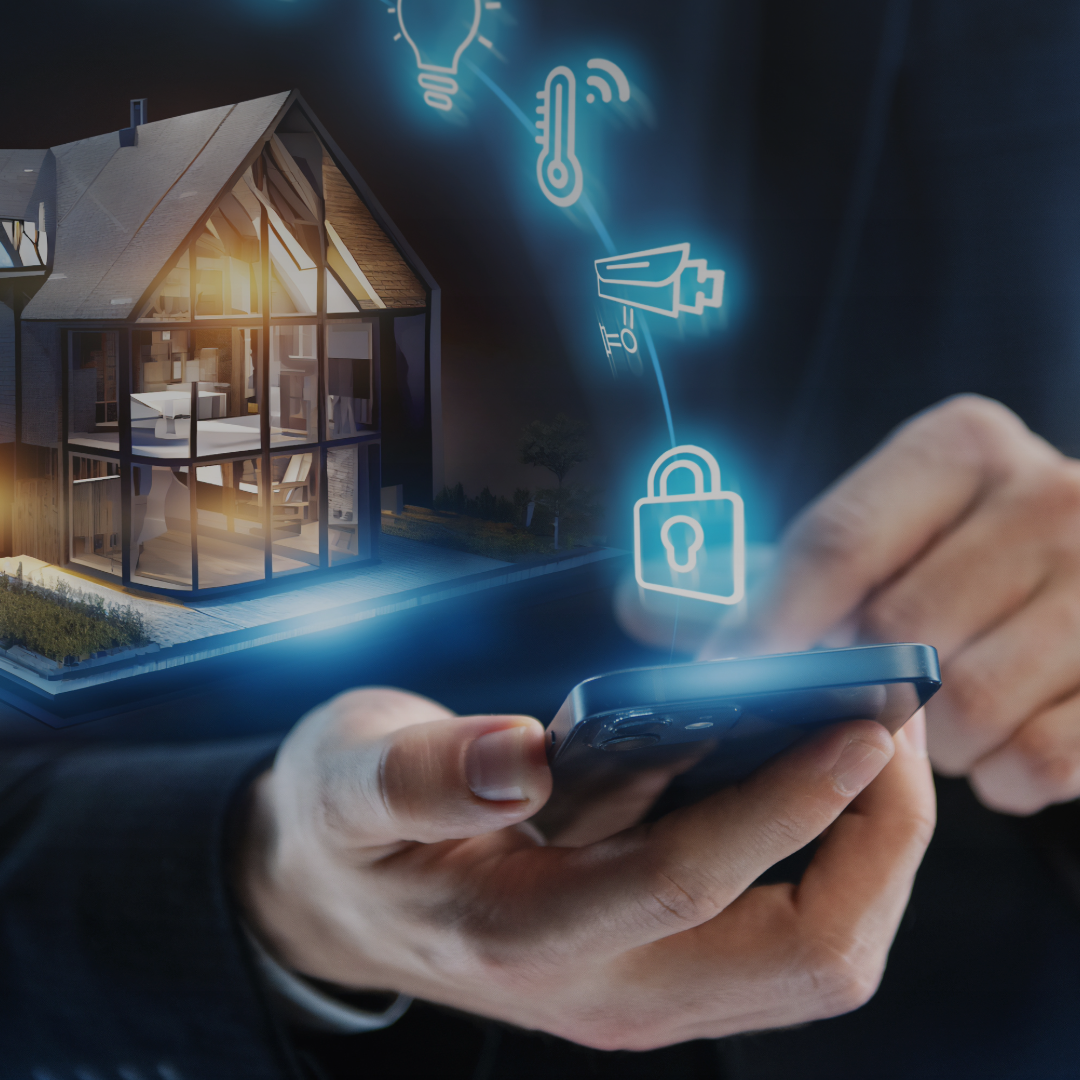 A man's hand touching a smartphone with property technology icons displayed and a house in the background.
