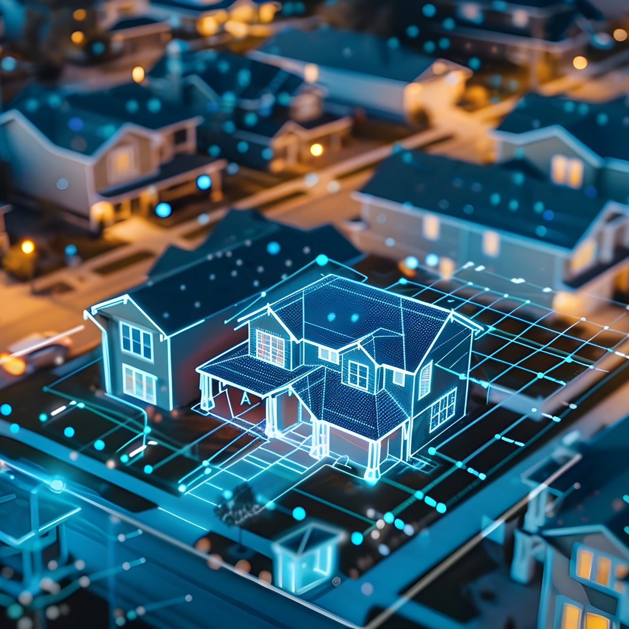 A neighborhood with a house that has a futuristic display.