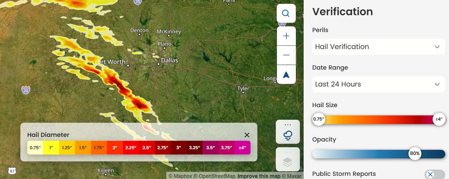 Cotality weather insight hail verification for Dallas Metro area
