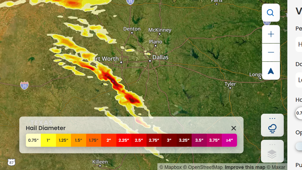 Cotality weather insight hail verification for Dallas Metro area