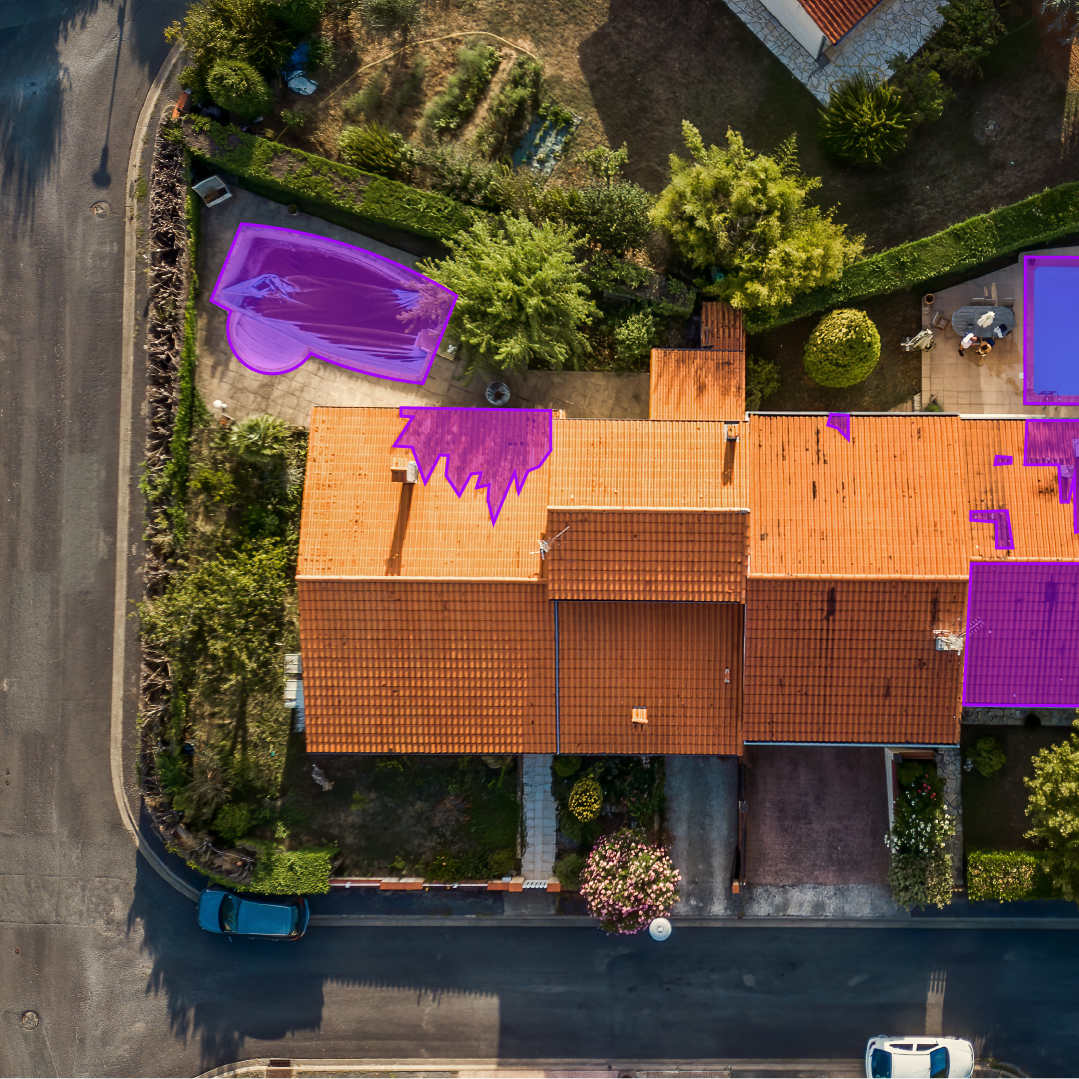 An aerial view of roofs.