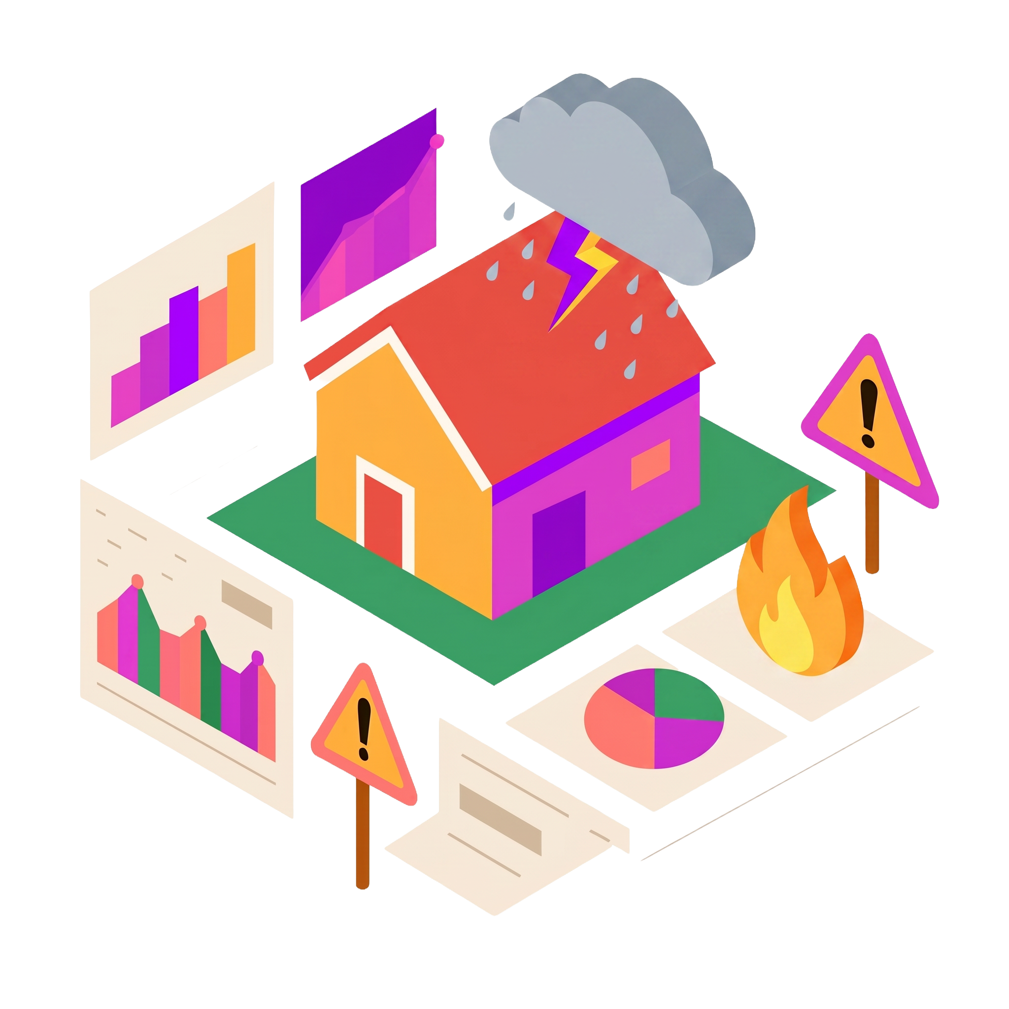 An illustration of a house with a thunder cloud and a fire with data charts and graphs showing risk data.