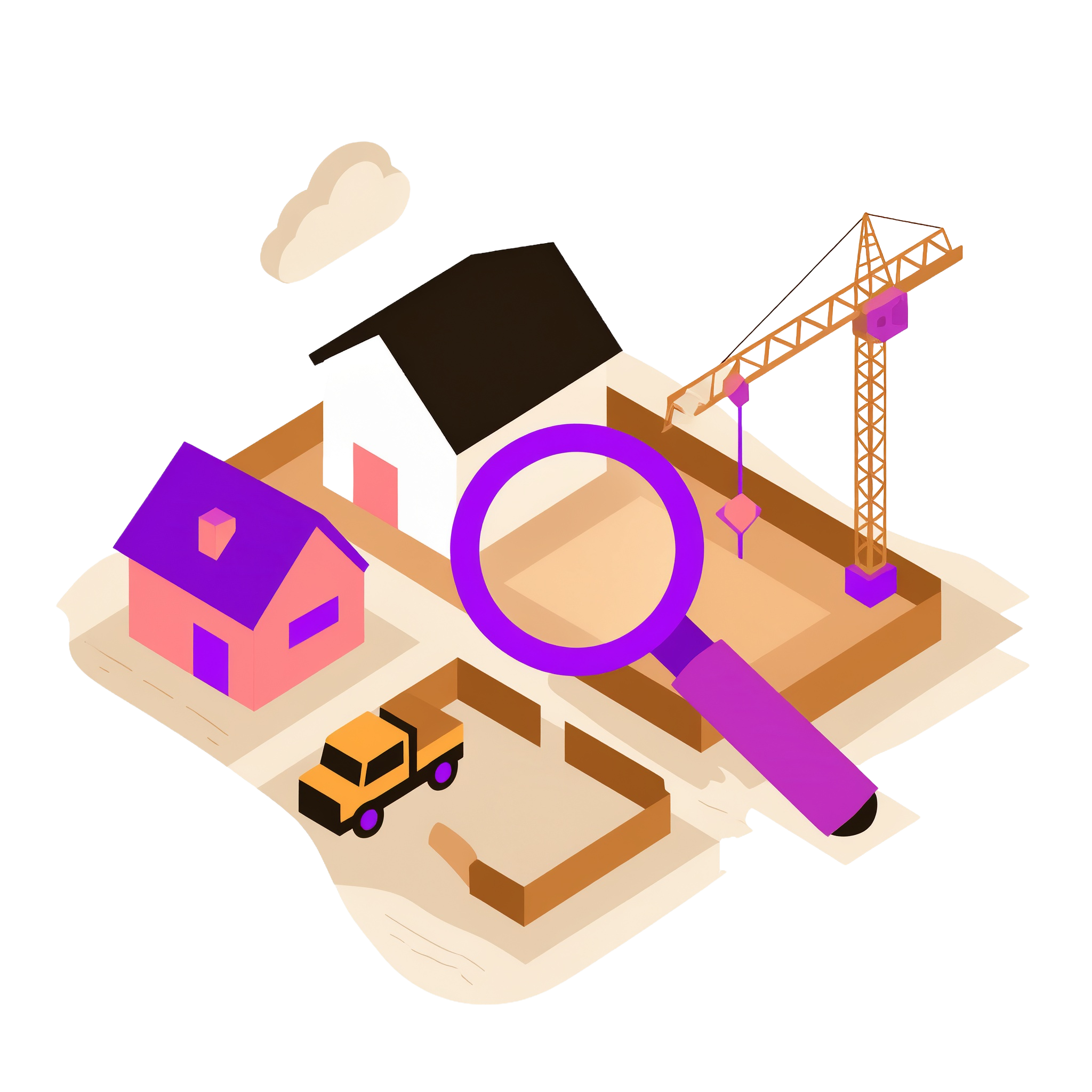 An illustration of a development zone with an empty lot and a completed house.