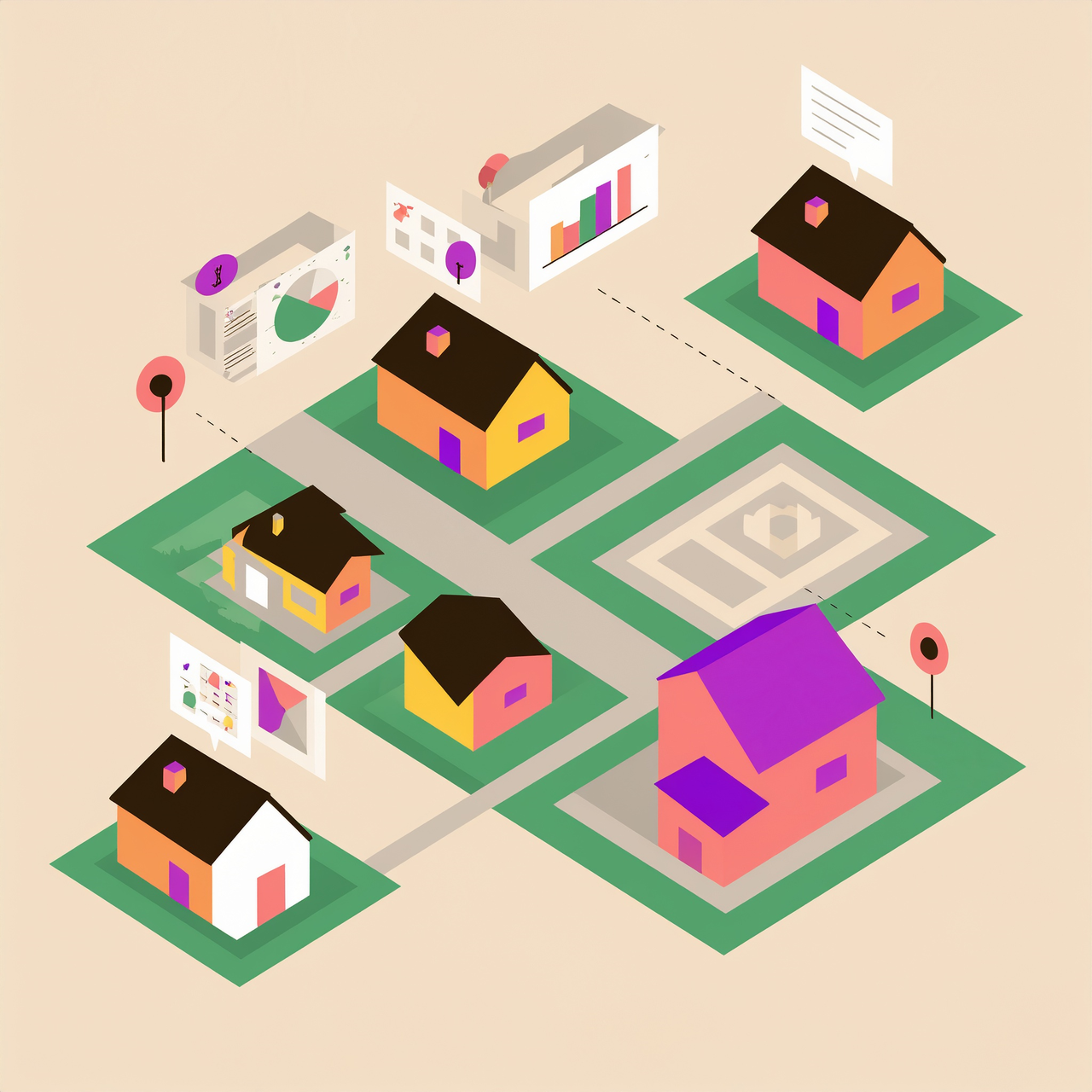 An illustration of houses on separate lots with boundary lines drawn and graphs showing zoning data.