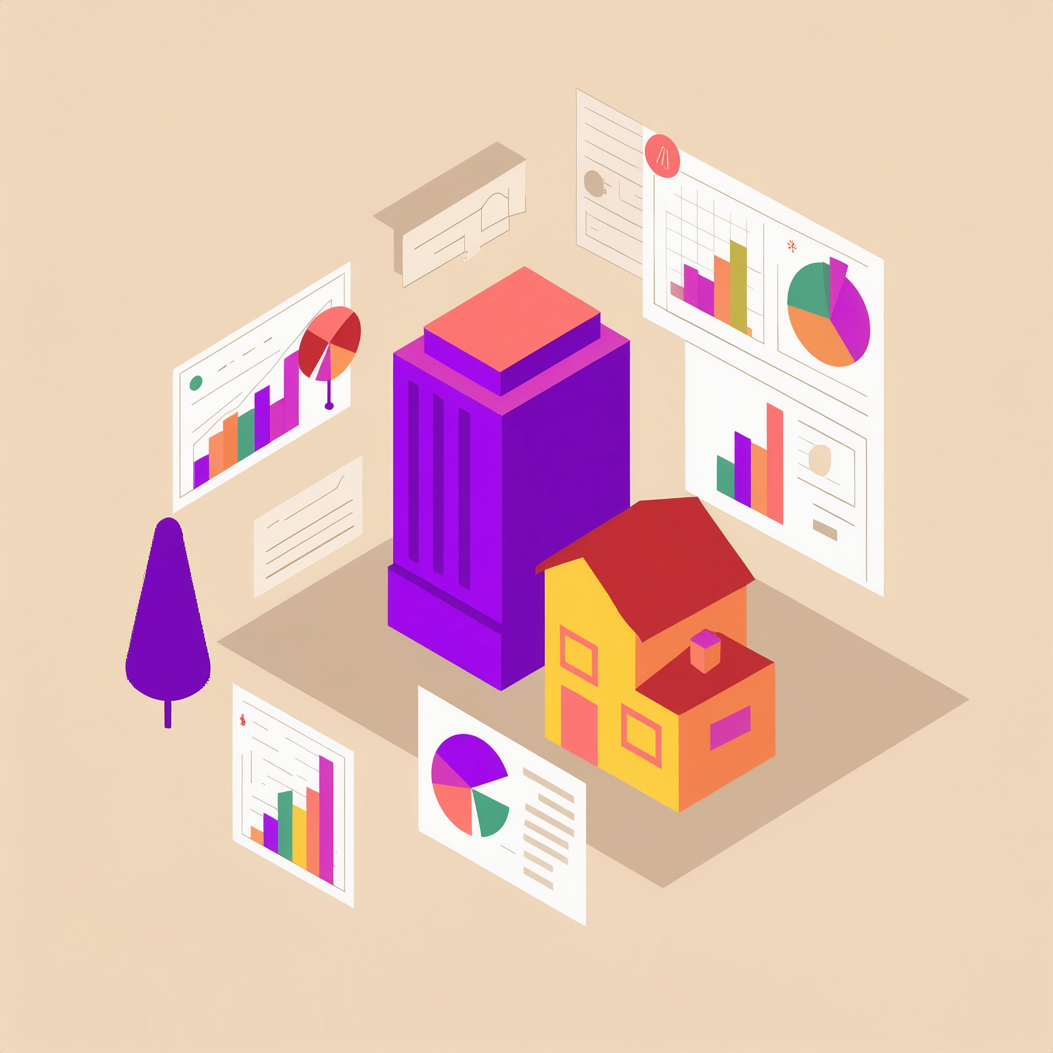 An illustration of a tall apartment building and a rental house with graphs showing rental trends.