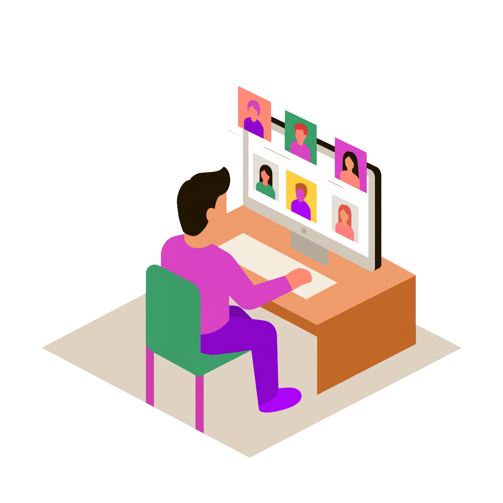 An illustration of a person at a computer with people displayed on the computer screen.