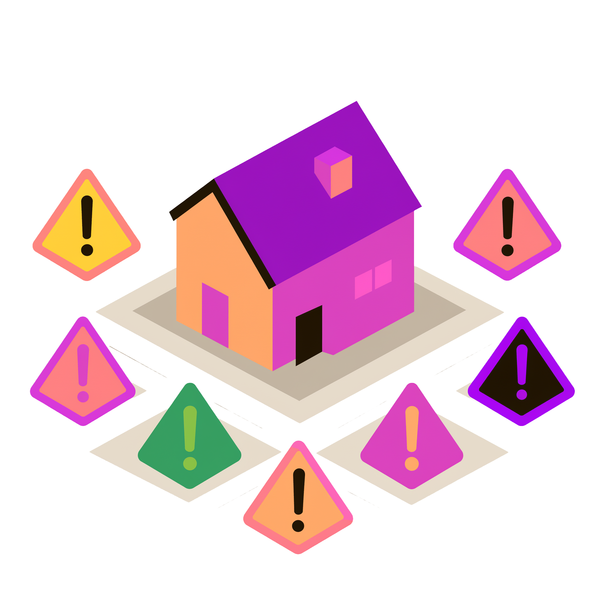 Illustration of house with warning signs