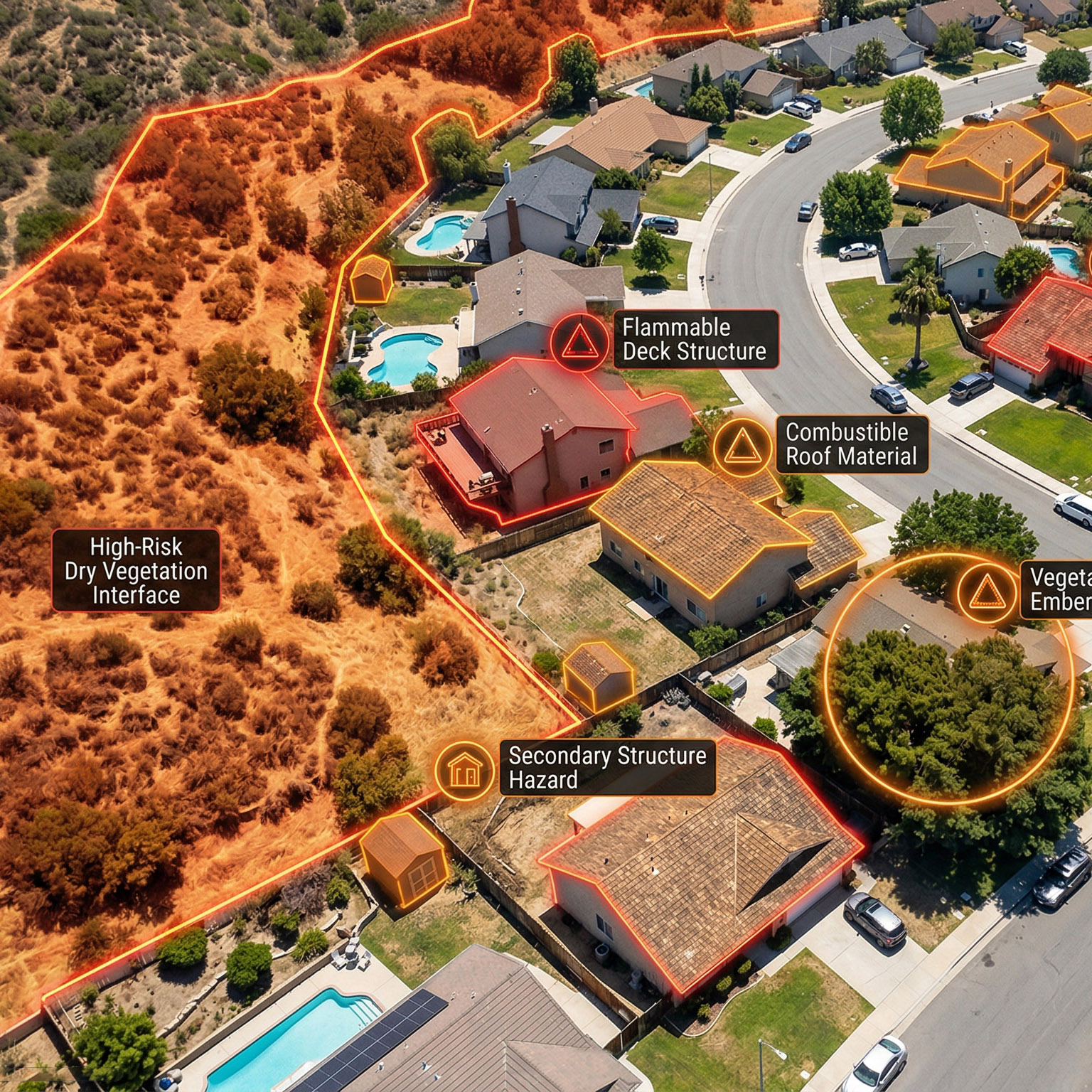 Aerial view of a neighborhood with high fire risk zones drawn out and noted with text.