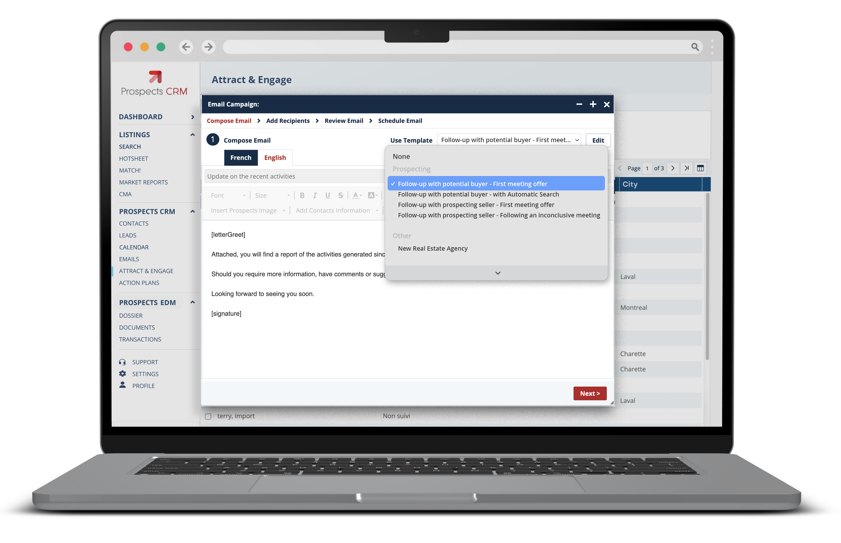 A laptop displaying an list of email templates