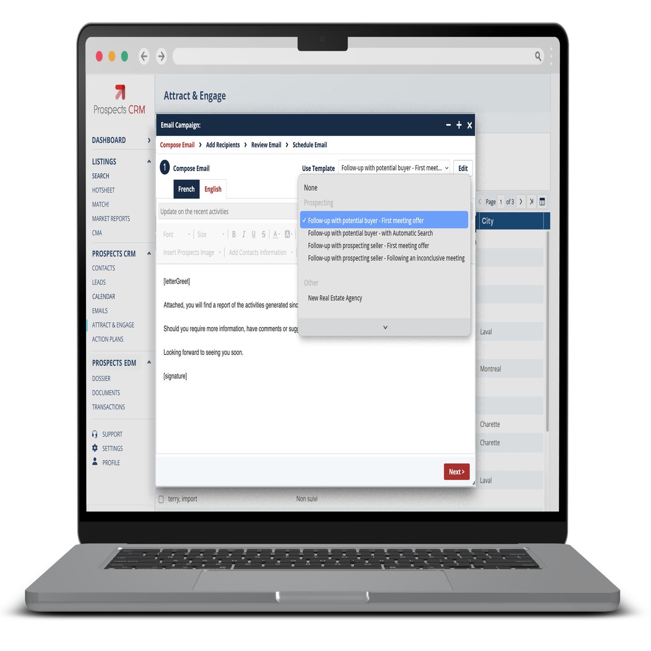 A laptop displaying an list of email templates